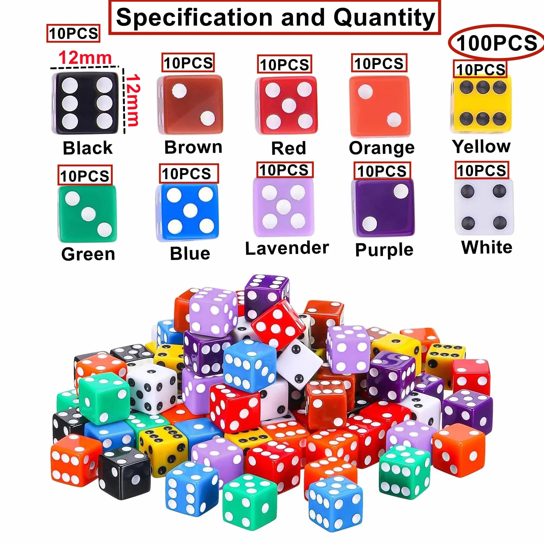 HUAZIZ Set di 100 dadi colorati a 6 facce Dice Game D6 dadi 12 mm per Giochi da Tavolo, Multigioco, Giochi Matematici per Bambini Set dadi a più Lati