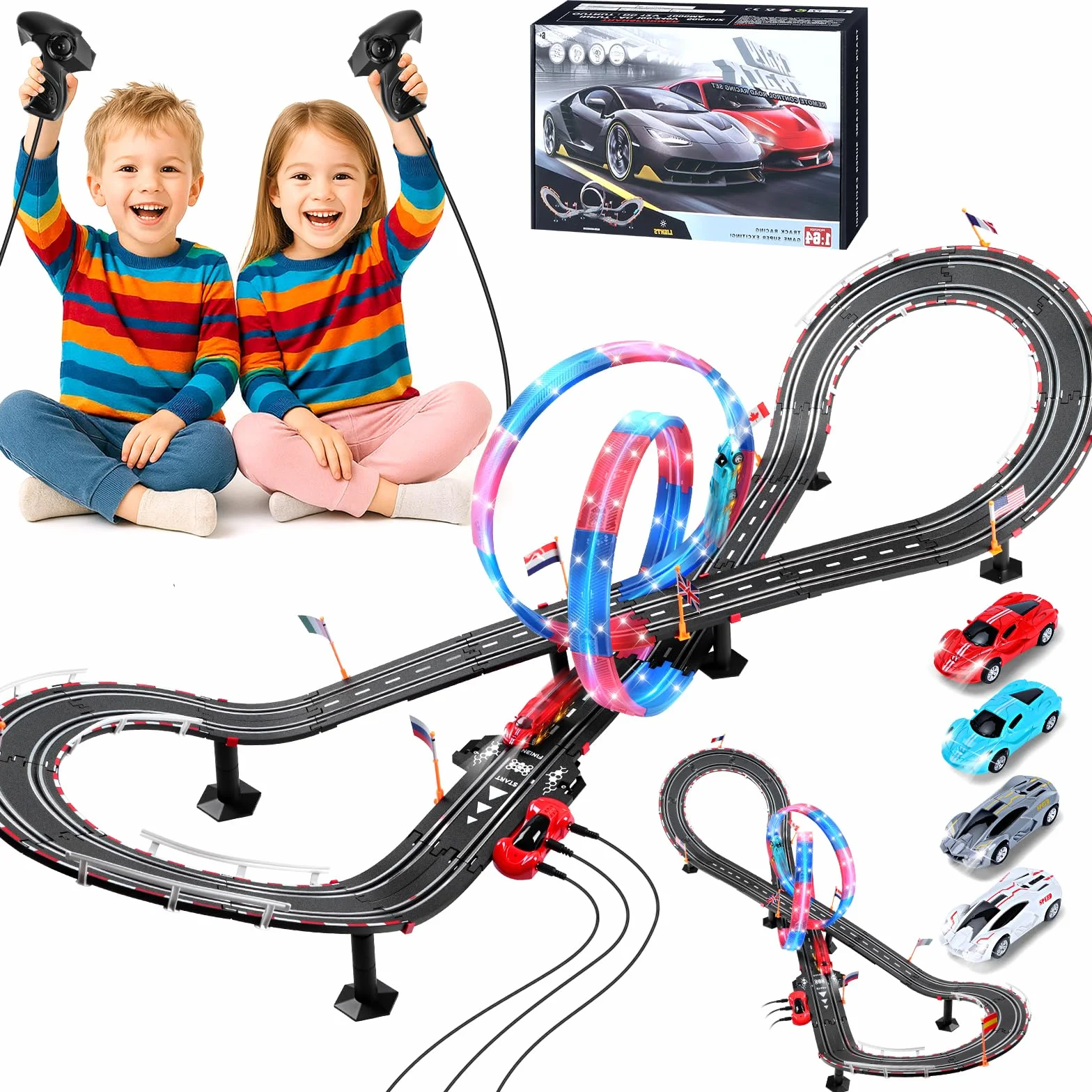 Piste Corsa Elettriche, Illuminato Pista Macchinine Piste Auto Bambini - 4 LED Macchine, Spina, 360° Cerchio, Comandi, Contatore, Piste Corsa Bambini 3 4 5 6 7 8 Anni Giocattoli Regali (L)