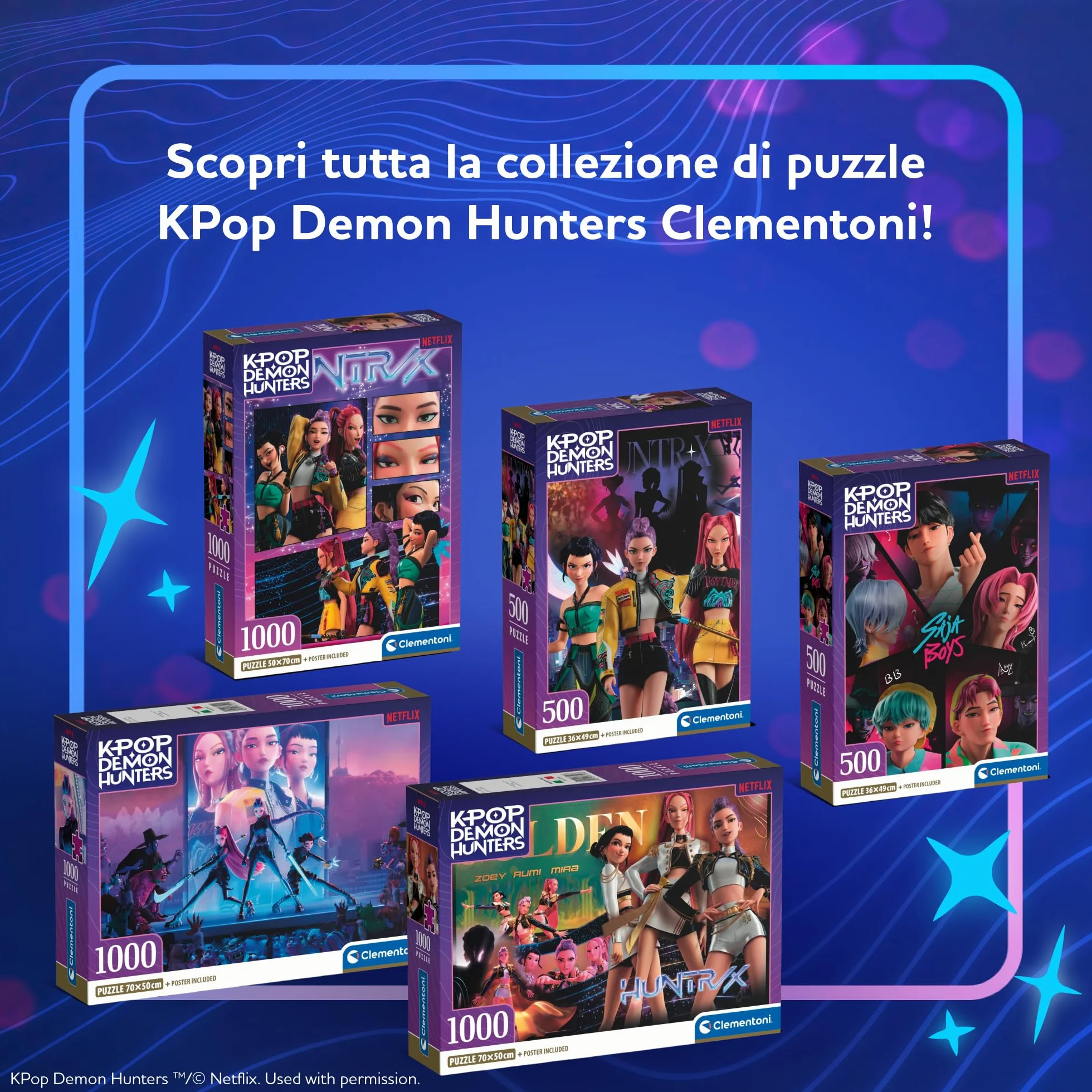 Clementoni Puzzle 1000 Pezzi per Adulti e Ragazzi, Illustrazione con Tema K-pop Demon Hunters, Idea Regalo, Made in Italy, 70x50 cm, Poster Incluso, 37125