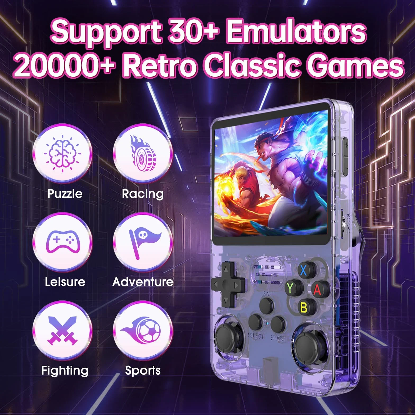 Console di gioco portatile retrò R36S, console di gioco retrò con schermo IPS da 4,0", oltre 30 emulatori tradizionali, oltre 22.000 giochi classici, scheda SD 128 GB, batteria da 4000 mAh - Viola