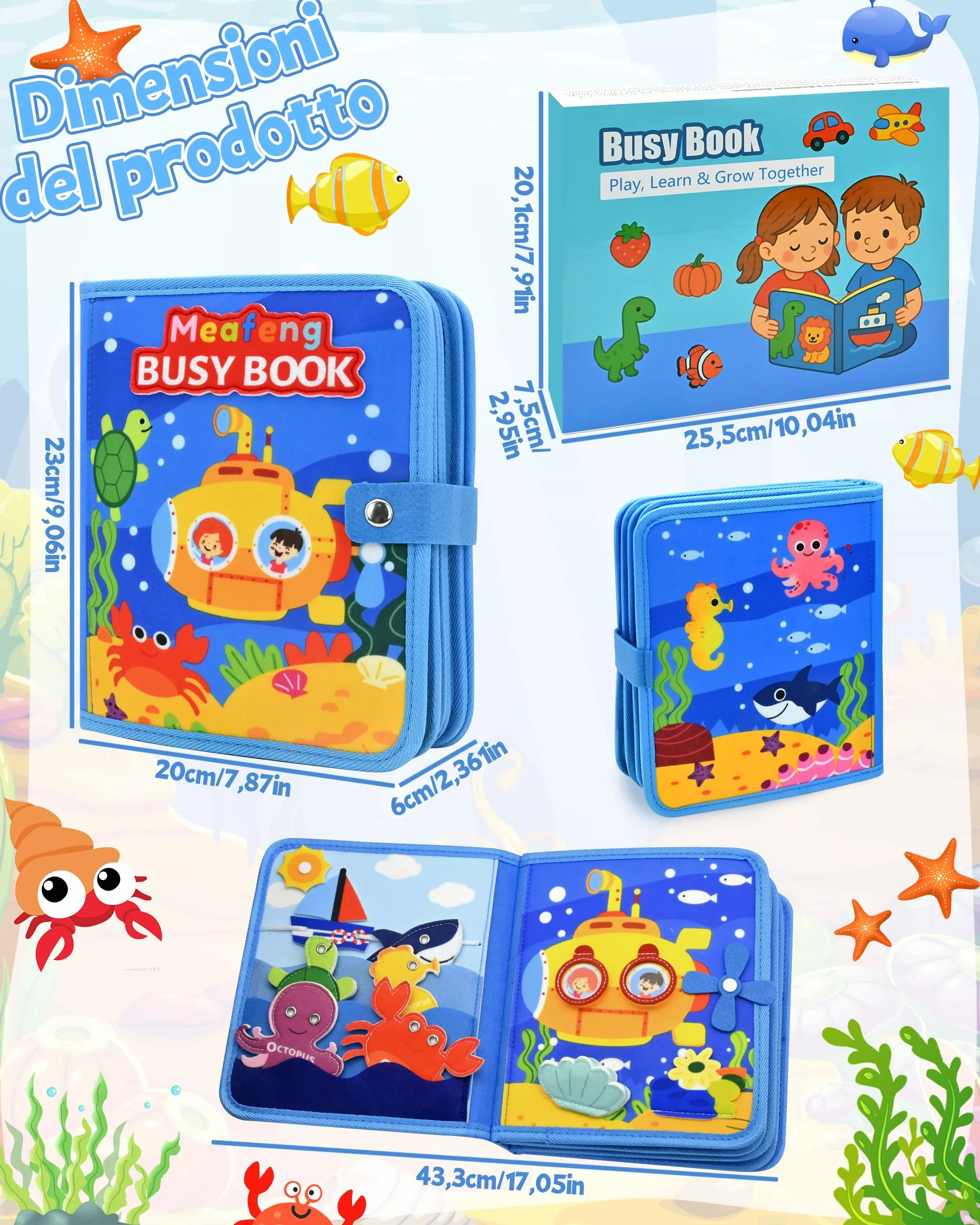 Busy Board Libro Montessori Interattivo 1 Anno, Busy Book Sensoriale Educativo, Giochi Montessori 1-4 Anni, Pannello di Feltro Attività, Valigetta Montessori Bambini (Oceano)