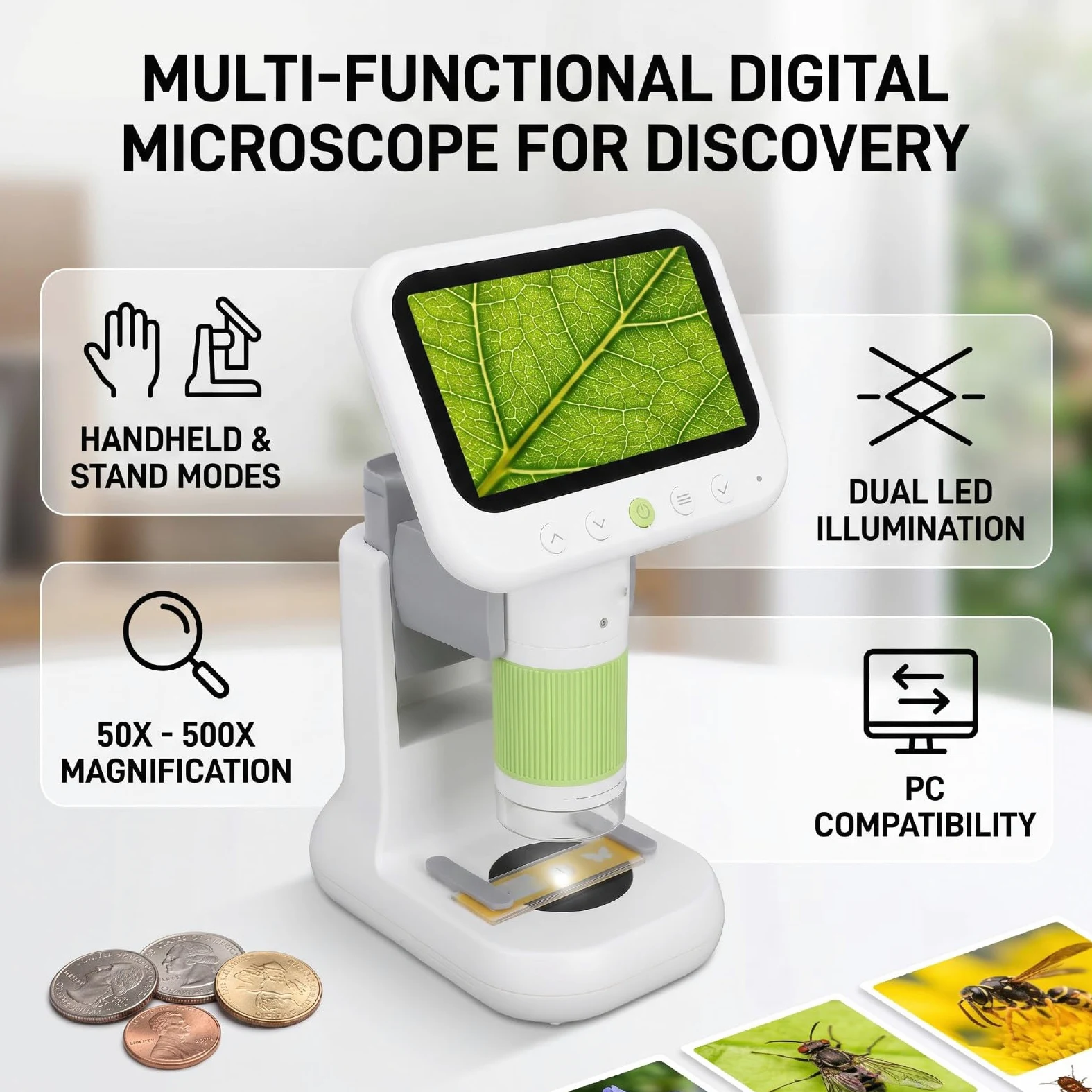 Tangxi Microscopio Digitale 2 in 1 Schermo IPS 1080P 4.3 Zoom da 50X a 500X con Scheda da 8 GB Doppie Luci a LED 5 Diapositive per L'esplorazione Scientifica dei Bambini