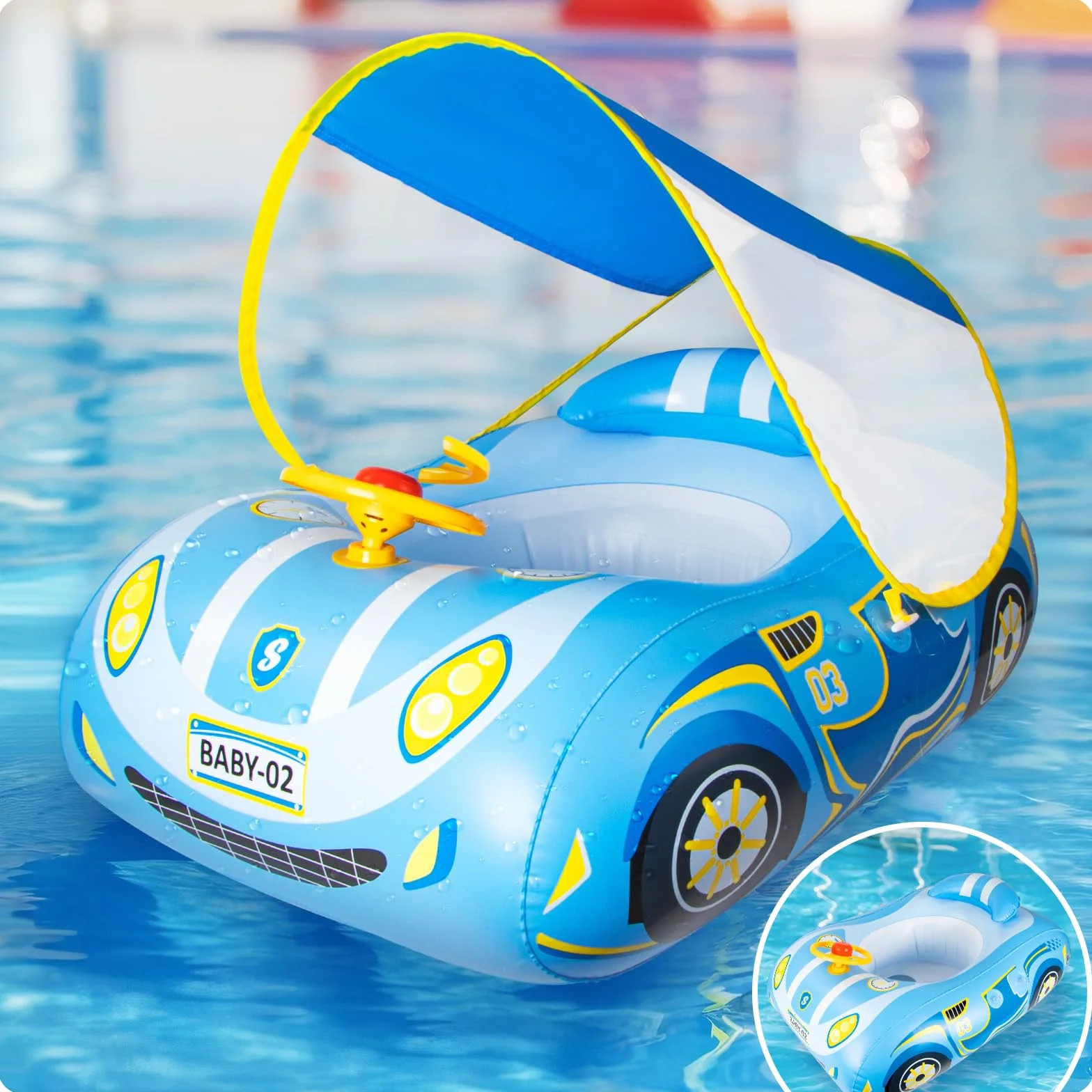 Salvagente Neonato con Parasole Spf 50+ con Tendalino Rimovibile Regolabile Sedile per Nuoto Piscina per Bambini Gonfiabile per Nuoto a Forma Aiuto per il Nuoto 18-48 Mesi Piscina Neonato