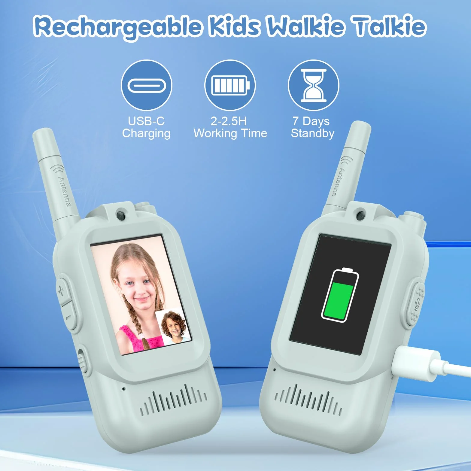 Video Walkie Talkie Bambini Set da 2 Dispositivi Ricaricabili Interfono Video Giochi Interni Esterni Campeggio 3-12 Anni Verde
