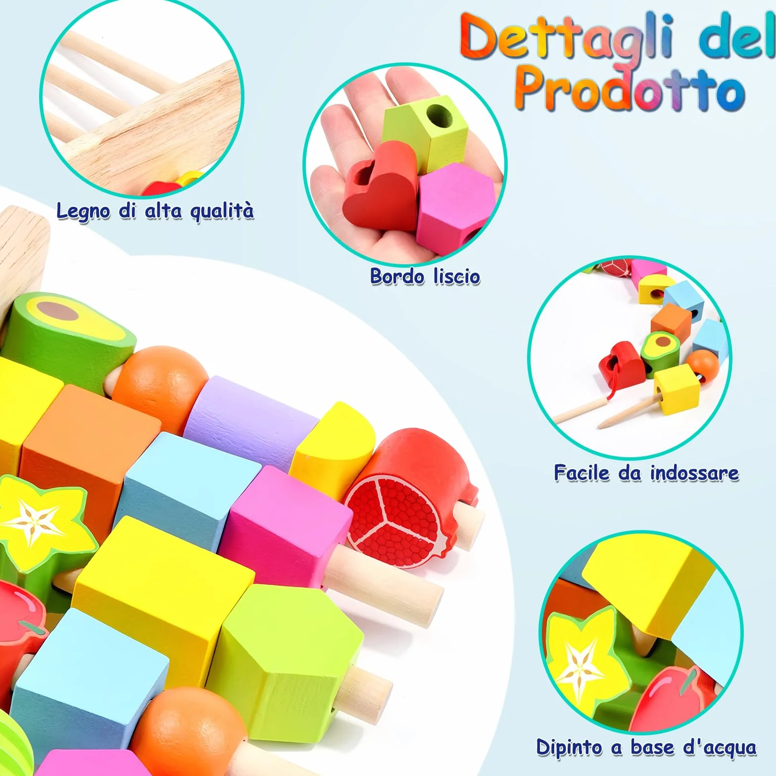 Echehi 2 in 1 Giocattoli Montessori da Infilare per Bambini, Perline da Infilare, Forme da Abbinare, Sviluppo delle Capacità Motorie Fini, Blocchi in Legno da Impilare