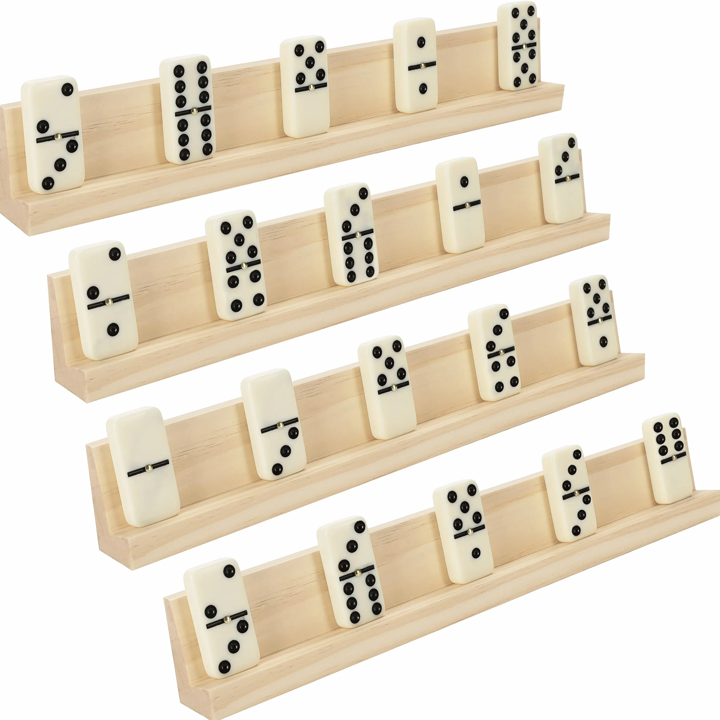 BELLE VOUS Porta Tessere Domino Legno (Set da 4) - 33,6 x 2,8 x 4,7 cm - Vassoi Professionali per Domino Gioco da Tavolo - Reggi Tessere Domino di Legno per Trenino Messicano, Mahjong e Giochi