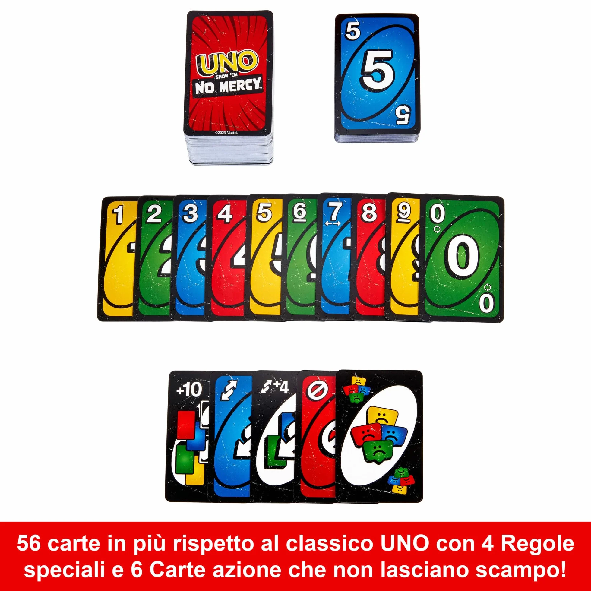 Mattel Games UNO No Mercy HWV18 56 carte regole speciali Pesca 6 Pesca 10 7+ anni