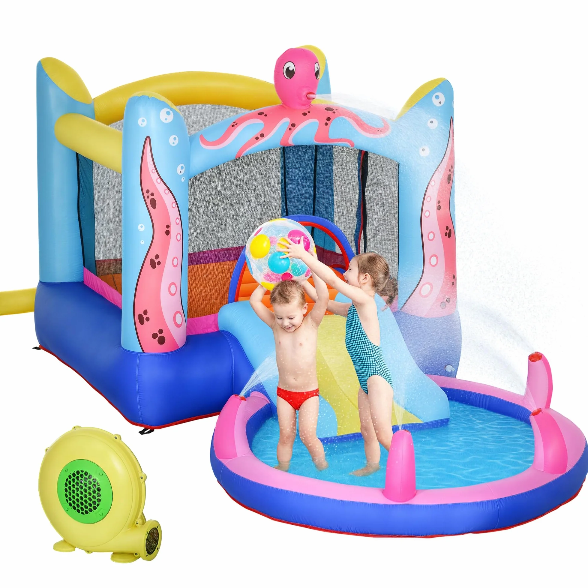 Outsunny Castello Gonfiabile Gigante e Rimbalzante per Bambini 3-8 Anni con Scivolo, Piscina e Gonfiatore 3.6x1.75x1.8m