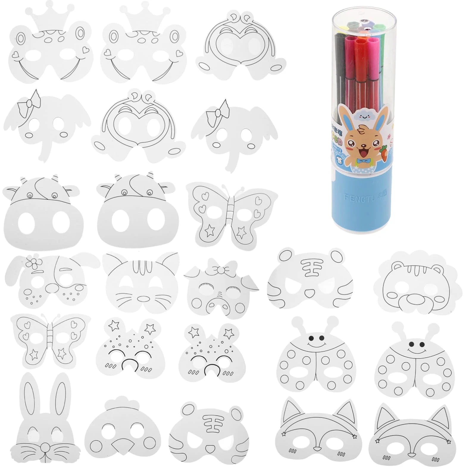 YARNOW Set di Maschere di Carta per Bambini con Pig Mask da Colorare, 24 Pezzi con 12 Pennarelli Acquerello per Maschere di Animali, per Spettacoli Teatrali e Sviluppo Stile Casuale