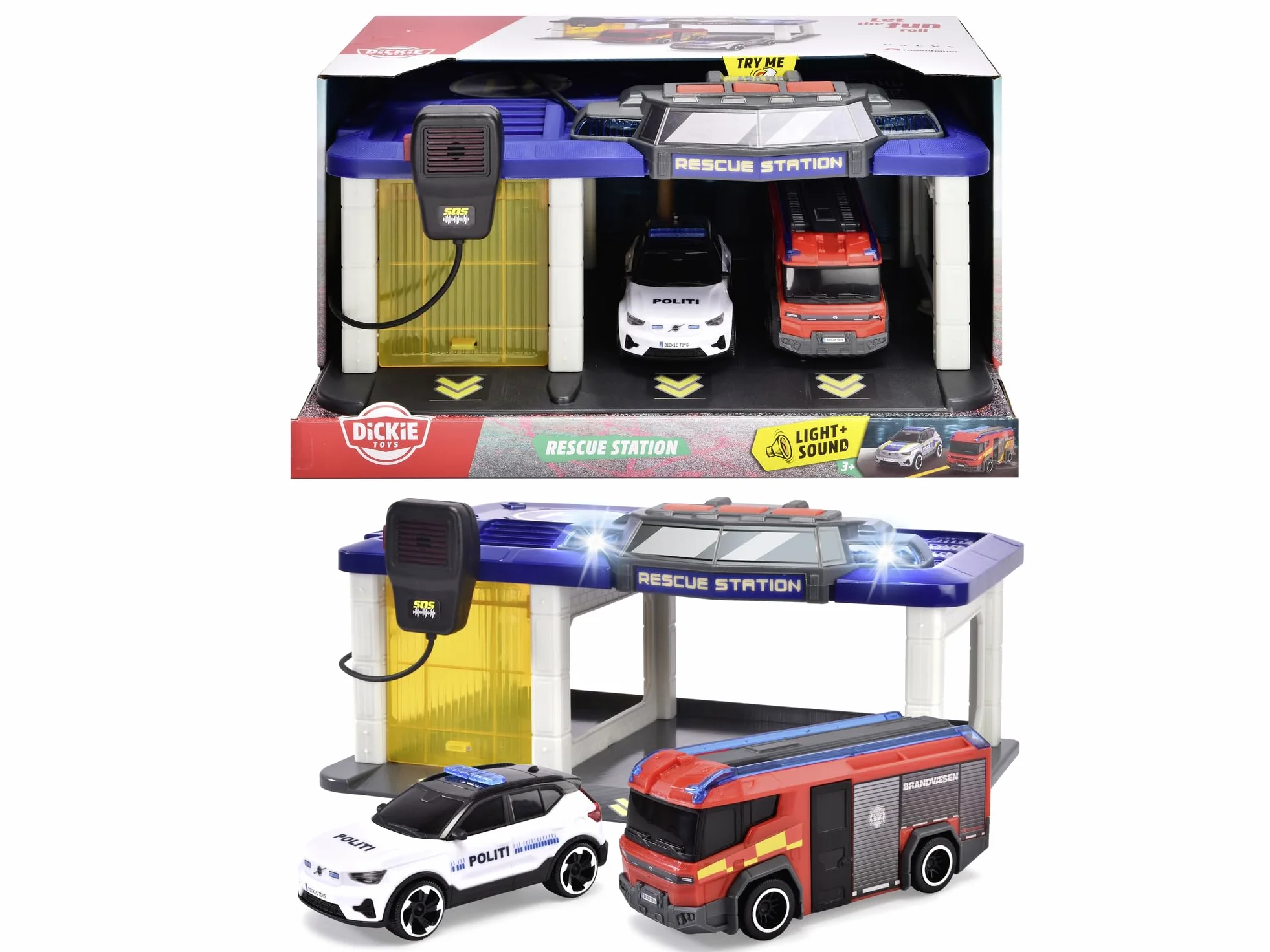 Dickie Toys 203716026018 - Stazione di salvataggio danese con auto della polizia e camion dei pompieri - Stazione di salvataggio con luce, suono, inclusi auto della polizia danese e api antincendio