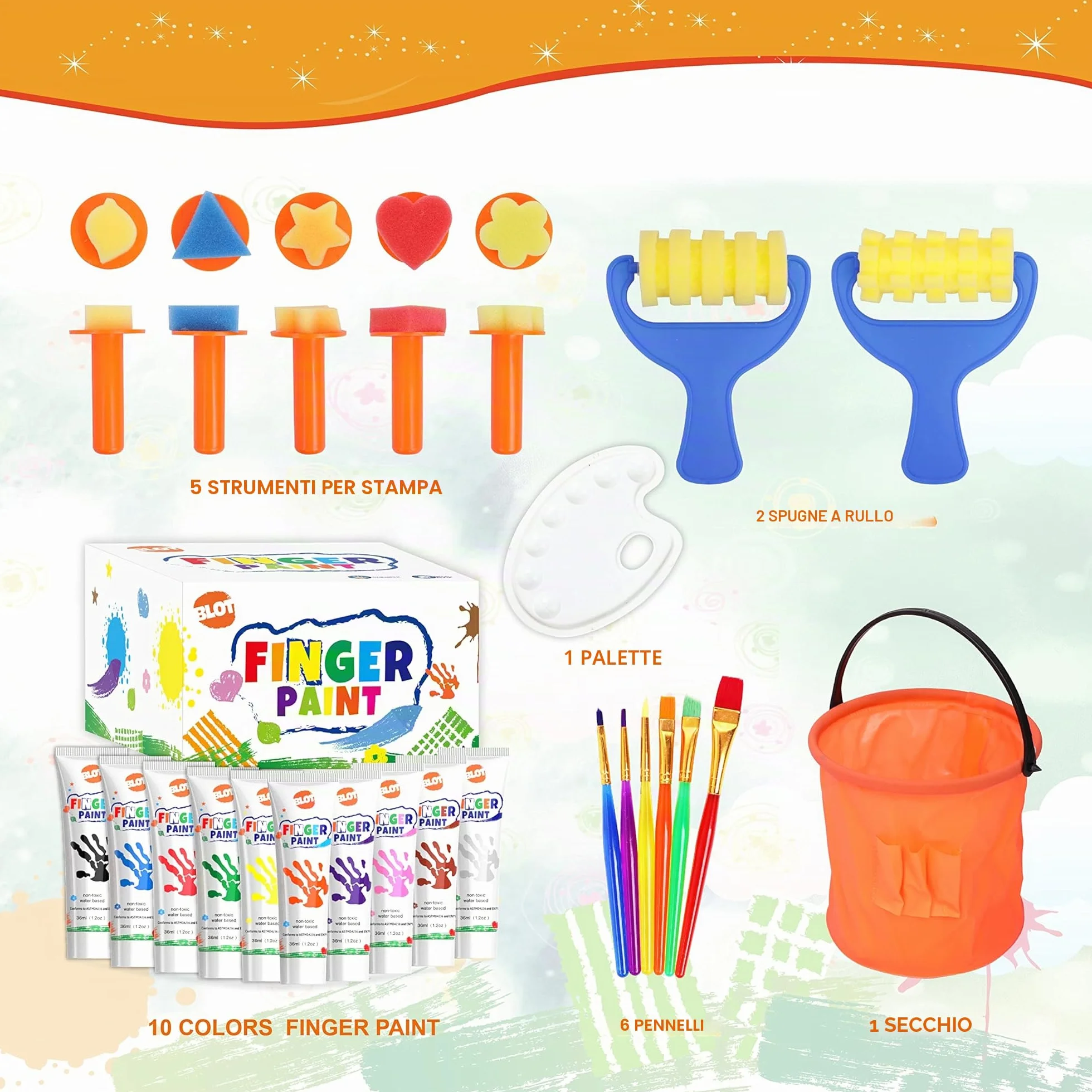 BLOT Colori a Dita per Bambini Lavabili Pitture Dita Bambini Non Tossico con Spugna Pennelli Tavolozza per Dipingere Apprendimento Precoce Disegno Regalo