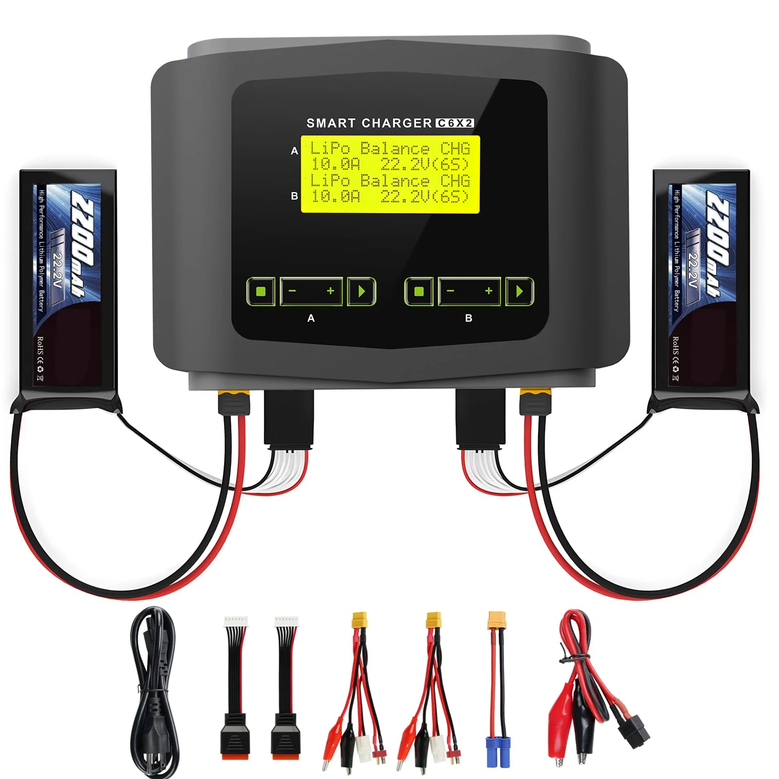 Haisito Caricabatterie al litio RC AC 150 W/DC 240 W, Duo, caricatore LiPo per LiPo/Life/LiHV/Lilon (1-6S), NiMH/NiCD(1-15S), PB, Smart Batterie, 10 A RC Balance, Caricabatterie RC