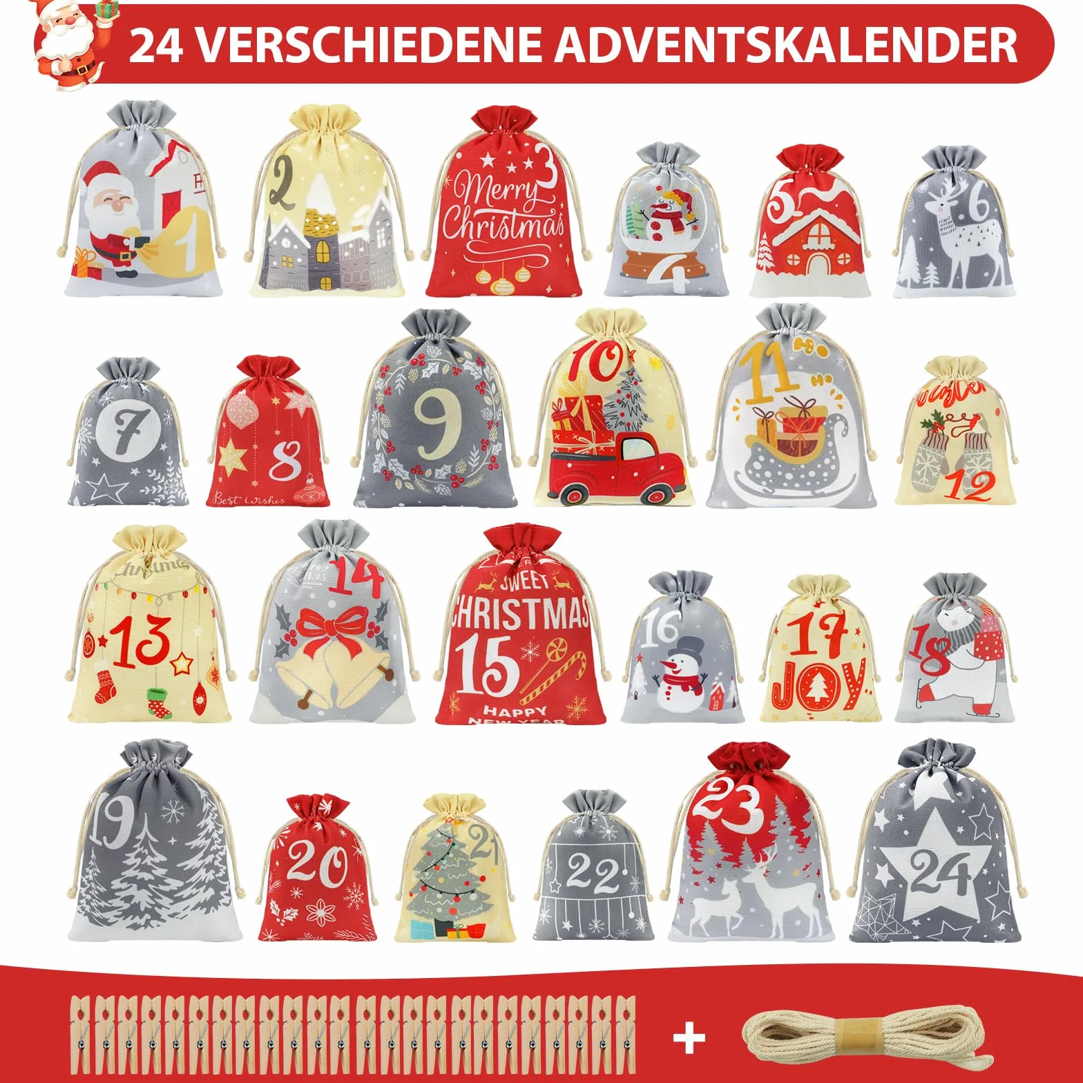 Calendario Avvento Fai da Te, Sacchetti Calendario Avvento Bambini, Kit Calendario Dell Avvento Fai da Te, Grande Calendario Avvento 2026 Fai da Te da Riempire Stoffa, Sacchetti Avvento Natale