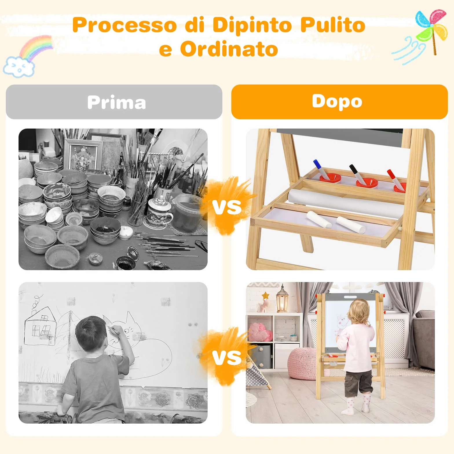 Lavagna Bifacciale per Bambini con Cavalletto Pieghevole in Legno di Pino, Altezza Regolabile, Magnetica, Nera e Bianca