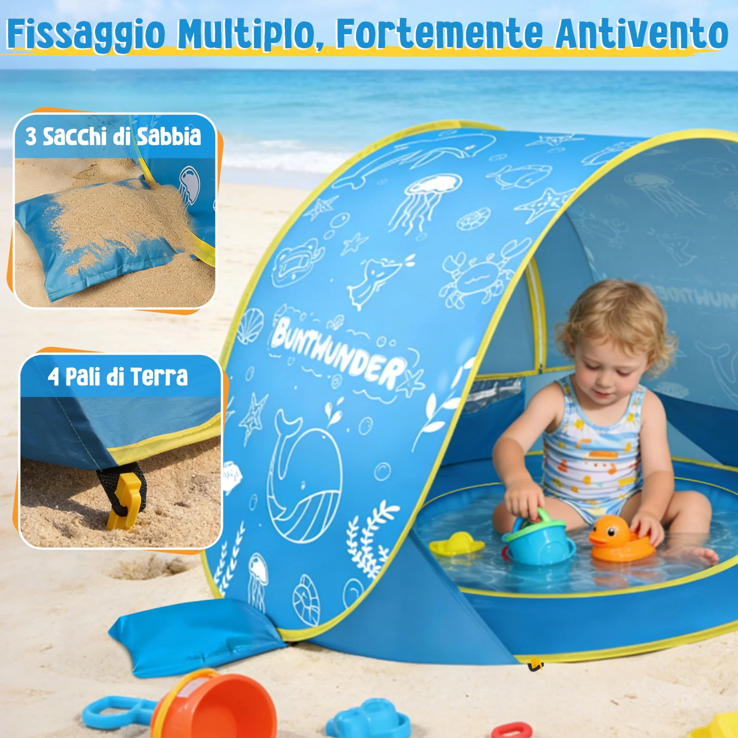 JONRRYIN Tenda da Spiaggia Bambini Pop-Up, Tenda Spiaggia con Mini Piscina, Tenda da Spiaggia Portatile Protezione Solare UPF 50+, Ideale per Viaggio in Spiaggia Campeggio (Blu)