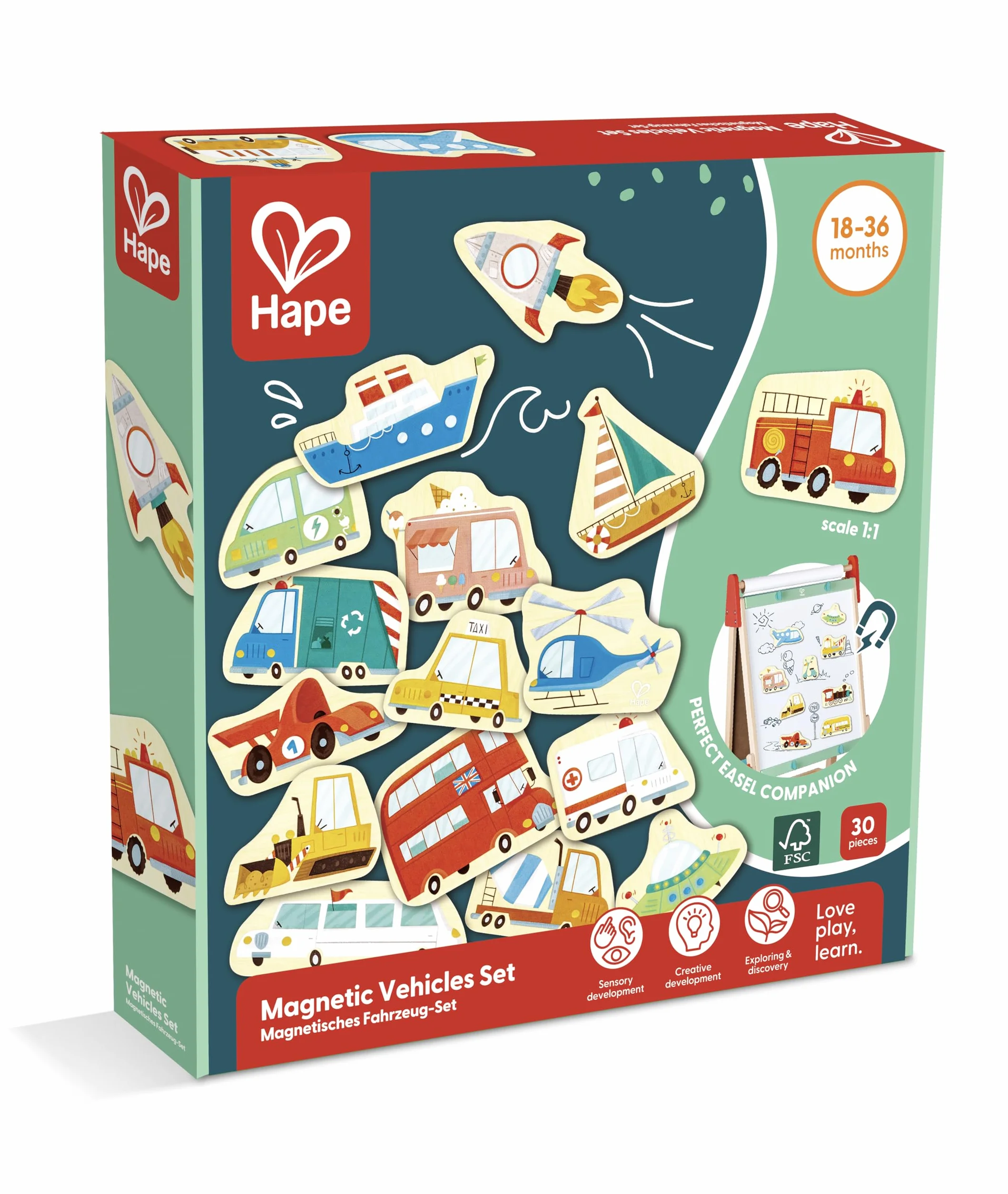 Hape Set di Veicoli magnetici, Veicoli in Legno con magneti per Bambini a Partire dai 18 Mesi di età