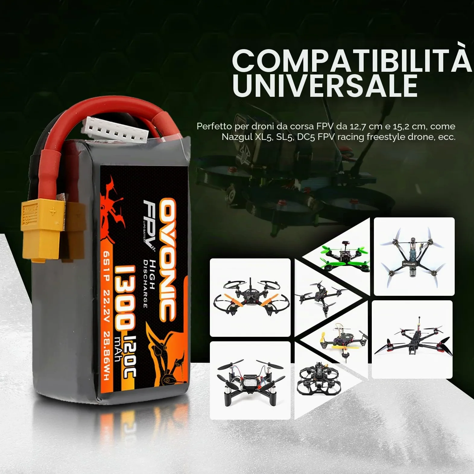OVONIC Batteria Lipo da 6s, 1300 mAh, 22,2 V, 120 C, con spina XT60, per elicottero RC FPV, aereo, quadricottero, hobby racing (2 pezzi)