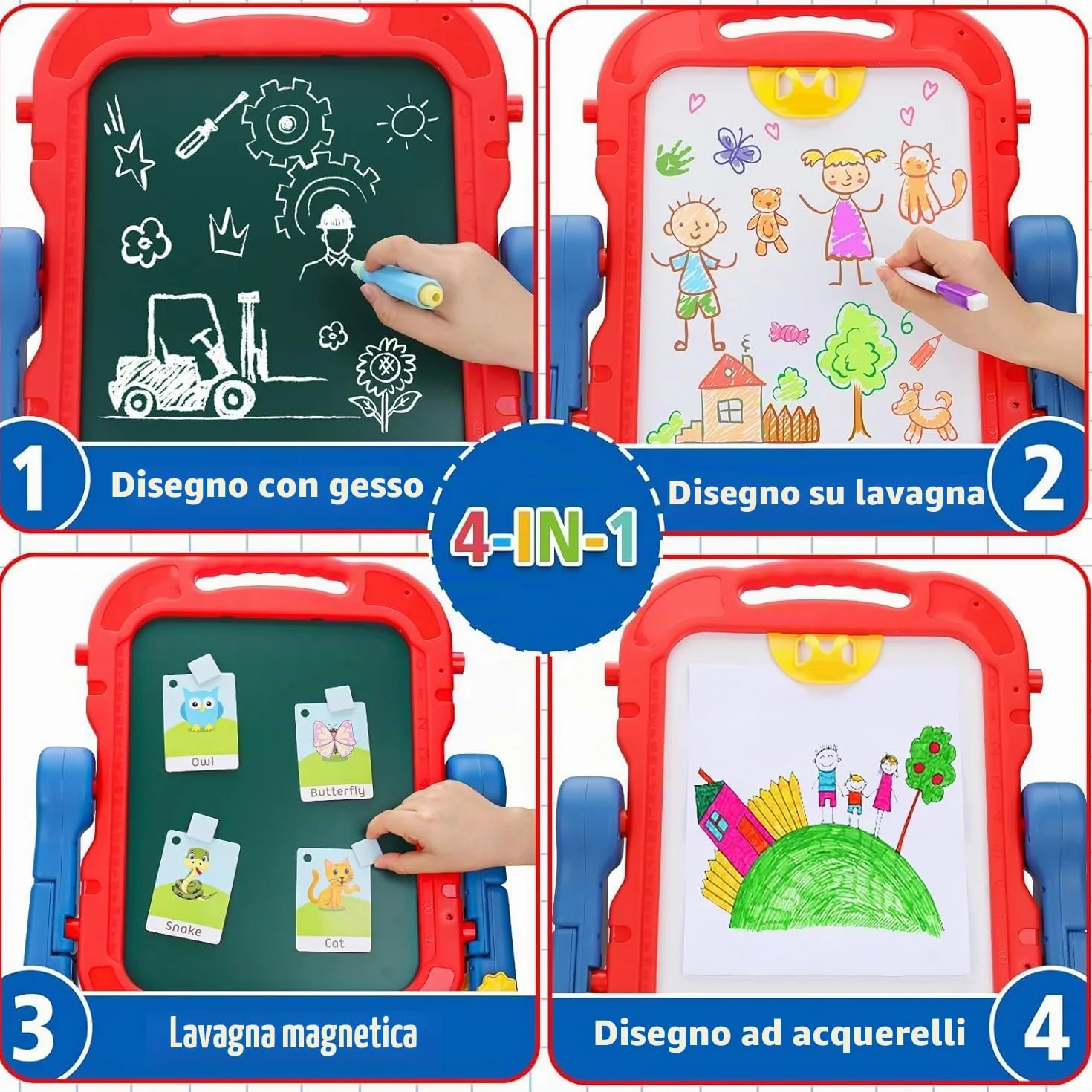 Lavagna per Bambini 4 in 1 con Lavagna Bianco Cancellabile, Lavagna Nera per Gessoi e Magnetica, Cavalletto Pitturai Regolabile Altezza, Giochi Educativi Regalo 2 3 4 5 6 Anni