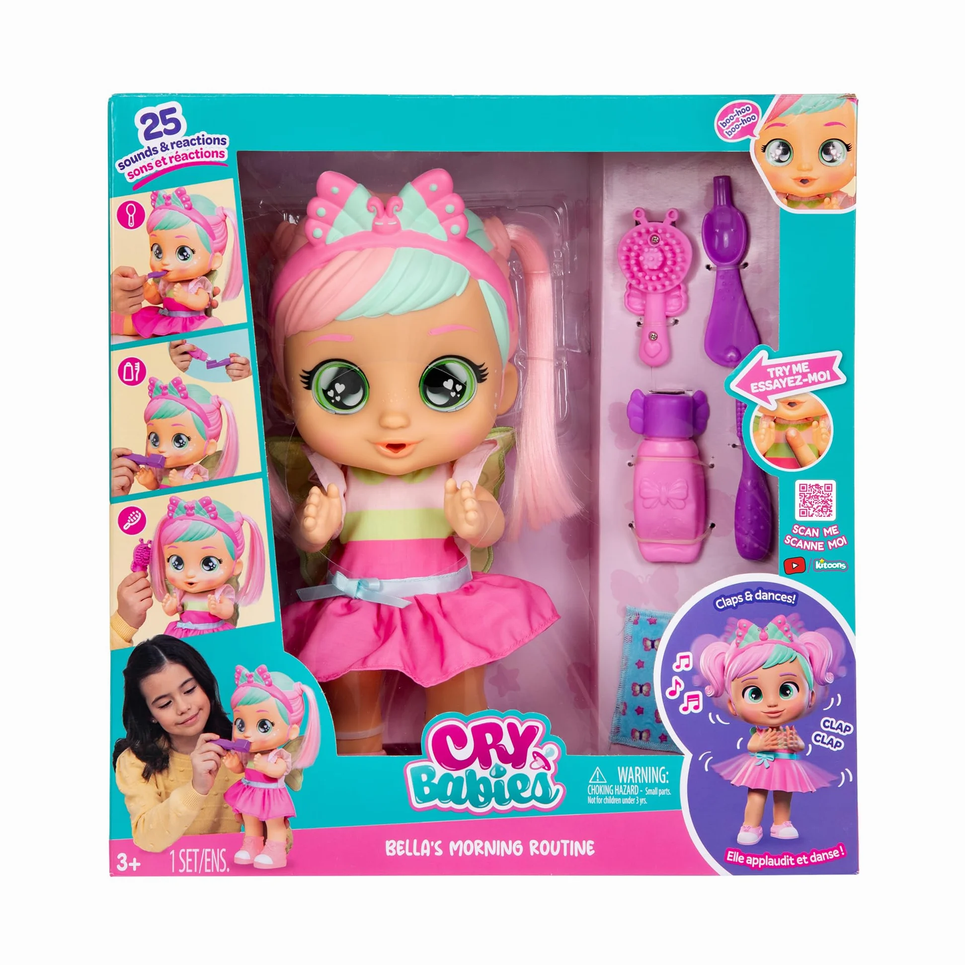 CRY BABIES Bella Morning Routine, Bambola, Fa 3 Routine Interattive, Applaude e Balla e i suoi Occhi si Illuminano, Include 6 Accessori, Giocattolo Regalo per Bambini dai 3 Anni in su