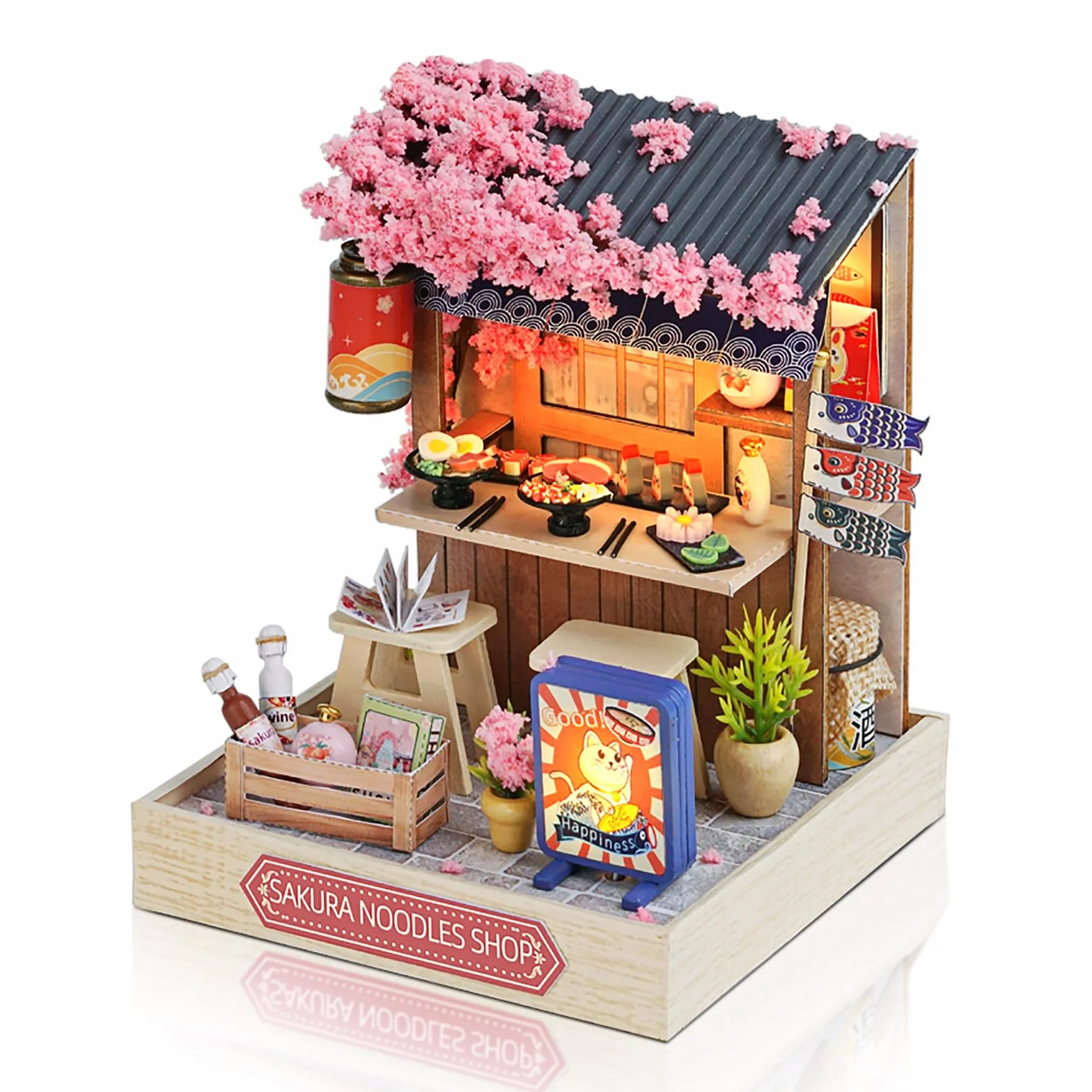 Cuteefun Miniature Casa delle Bambole DIY, Kit Case in Miniatura da Costruire Fai da Te con Mobili Copertura Antipolvere e Strumenti, Natale Halloween Regalo di Compleanno(Sakura Noodles Shop)