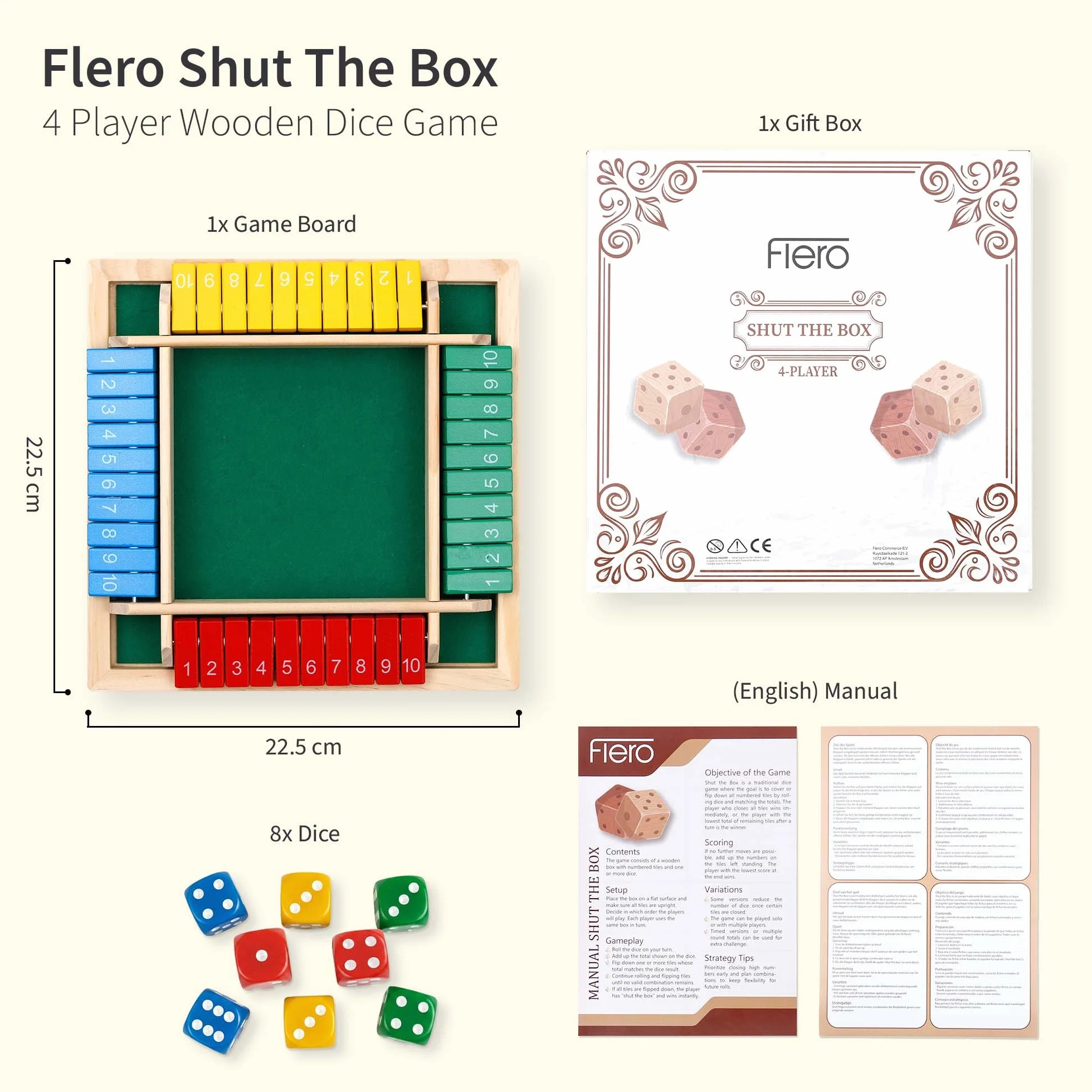 Flero Shut The Box - Gioco a dadi per 4 giocatori in legno - Gioco di tattica e calcolo (Multicolore) - Gioco da tavolo, giocattolo educativo, gioco didattico per bambini e adulti - 8 dadi