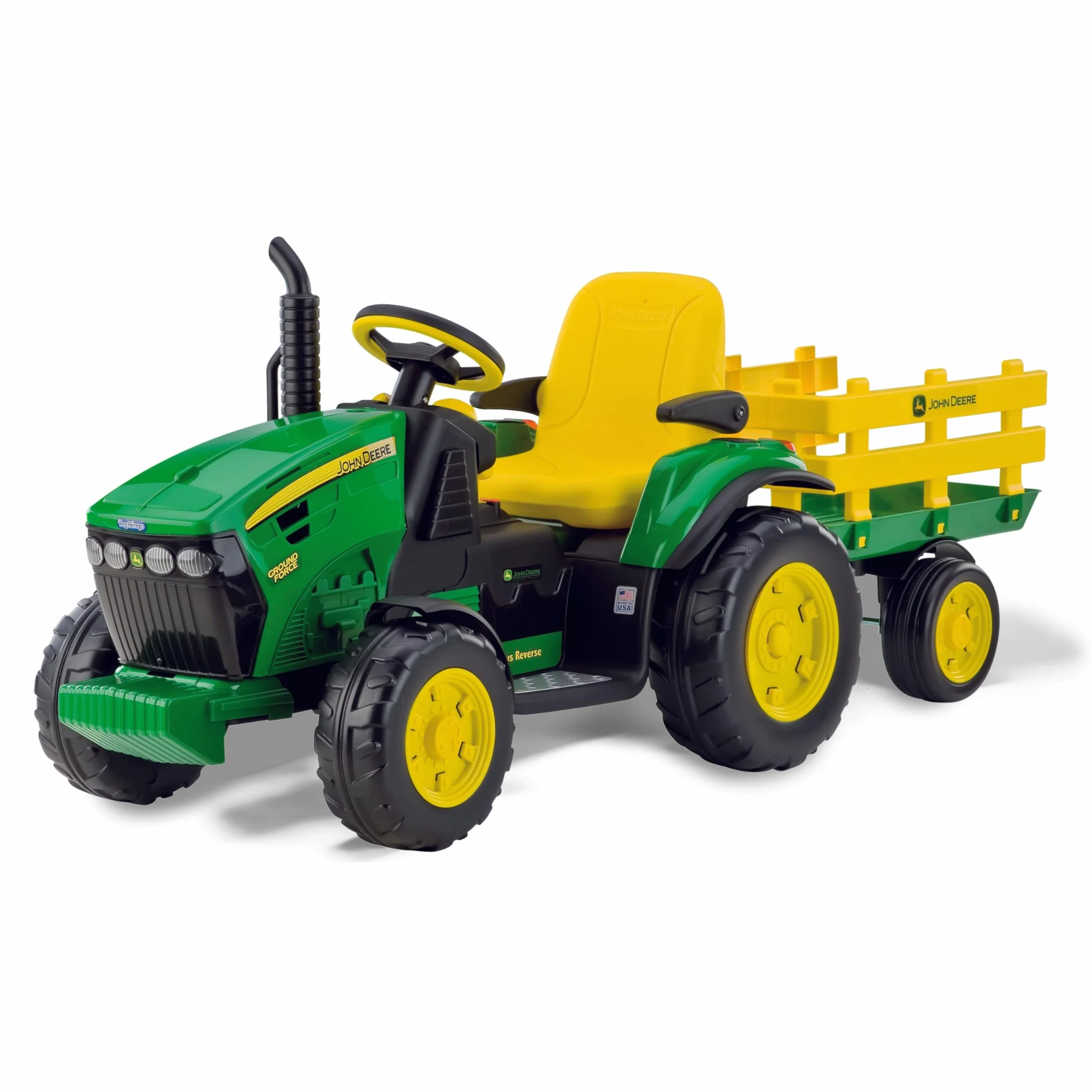 PEG John Deere Ground Force - Trattore Elettrico Cavalcabile per Bambini 3+ Anni con Batteria Ricaricabile 12V, Rimorchio Incluso e Radio FM