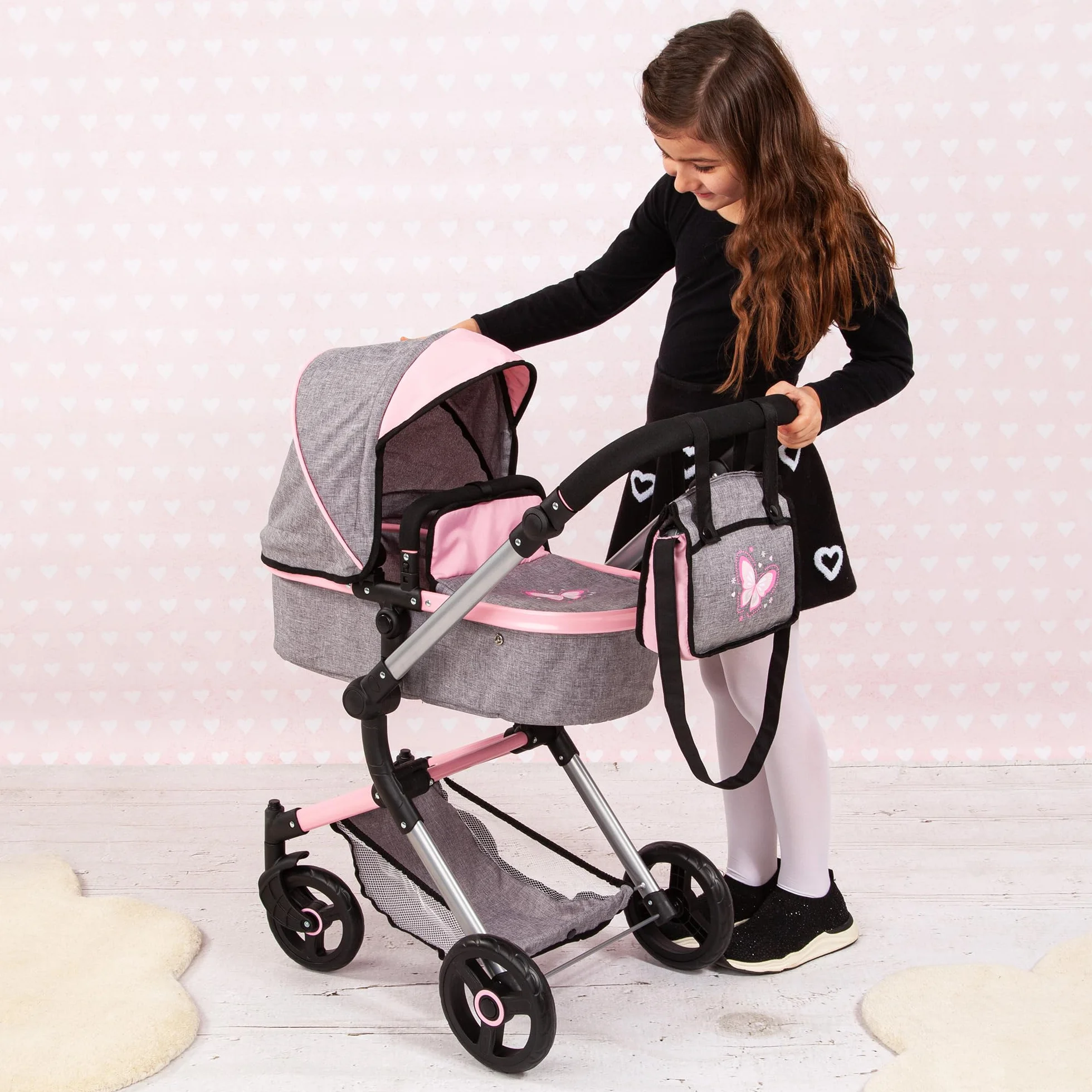 Bayer Design- Passeggino Neo Vario, Carrozzina per Bambole, Regolabile in Altezza, con Cesto e Borsa fasciatoio, Colore Grigio, Rosa, Farfalla, 18433AA
