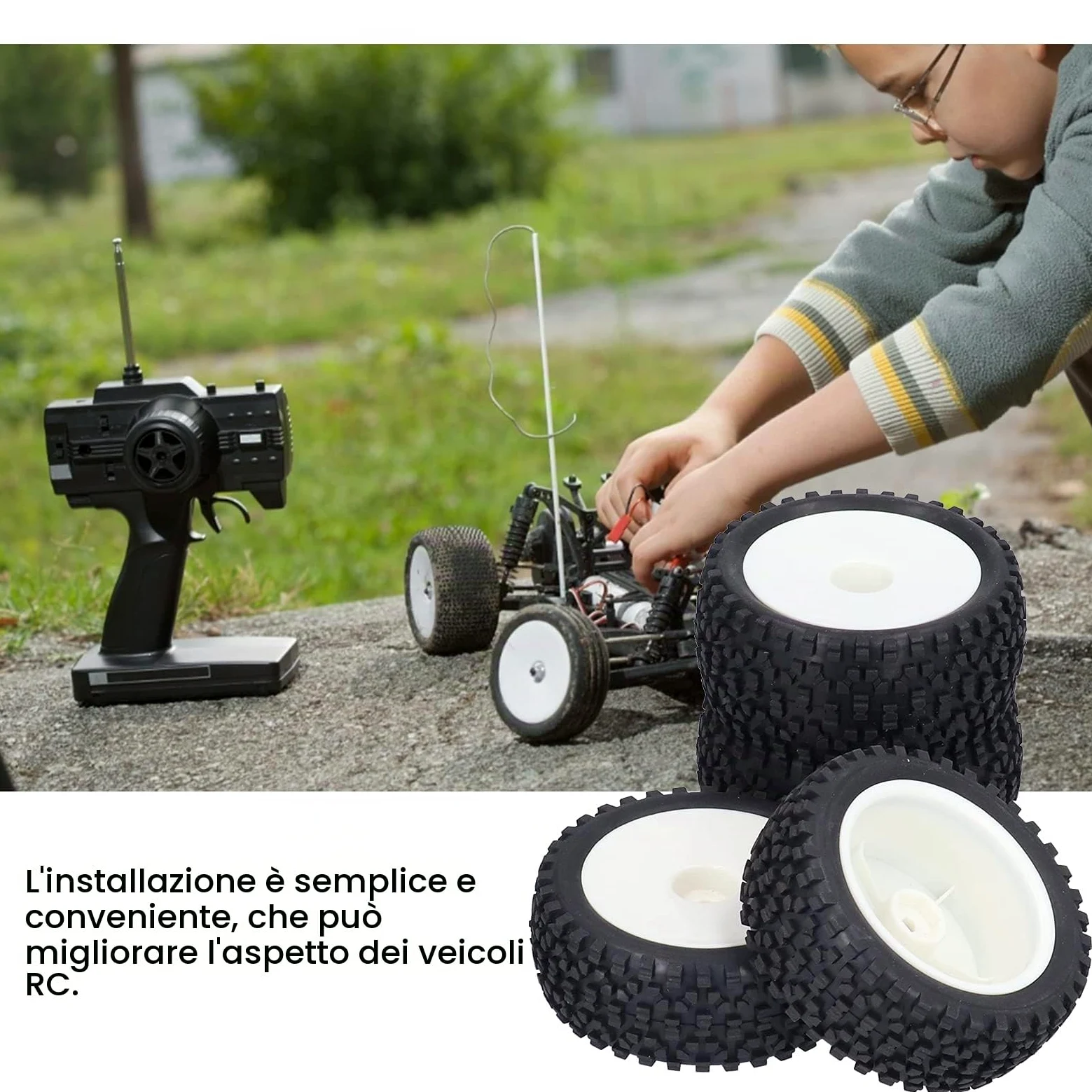 Set 4 Pezzi Pneumatici RC 1/10, Ruote in Gomma per Auto da Corsa e Buggy Telecomandati, Mozzi Ruota ad Alta Resistenza, Sostituzione Professionale per Modellismo, Grip Ottimale, Nero