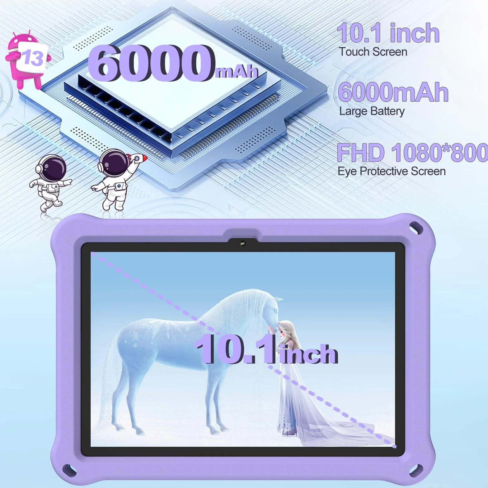 Tablet Bambini 10.1 Pollici, Android 13 Educativo per Bambini 8GB RAM 128GB Rom,Controllo Parentale,6000mAh,WiFi FHD 1280x800 per Tablet PC 3 a 6 Anni con Custodia,Viola