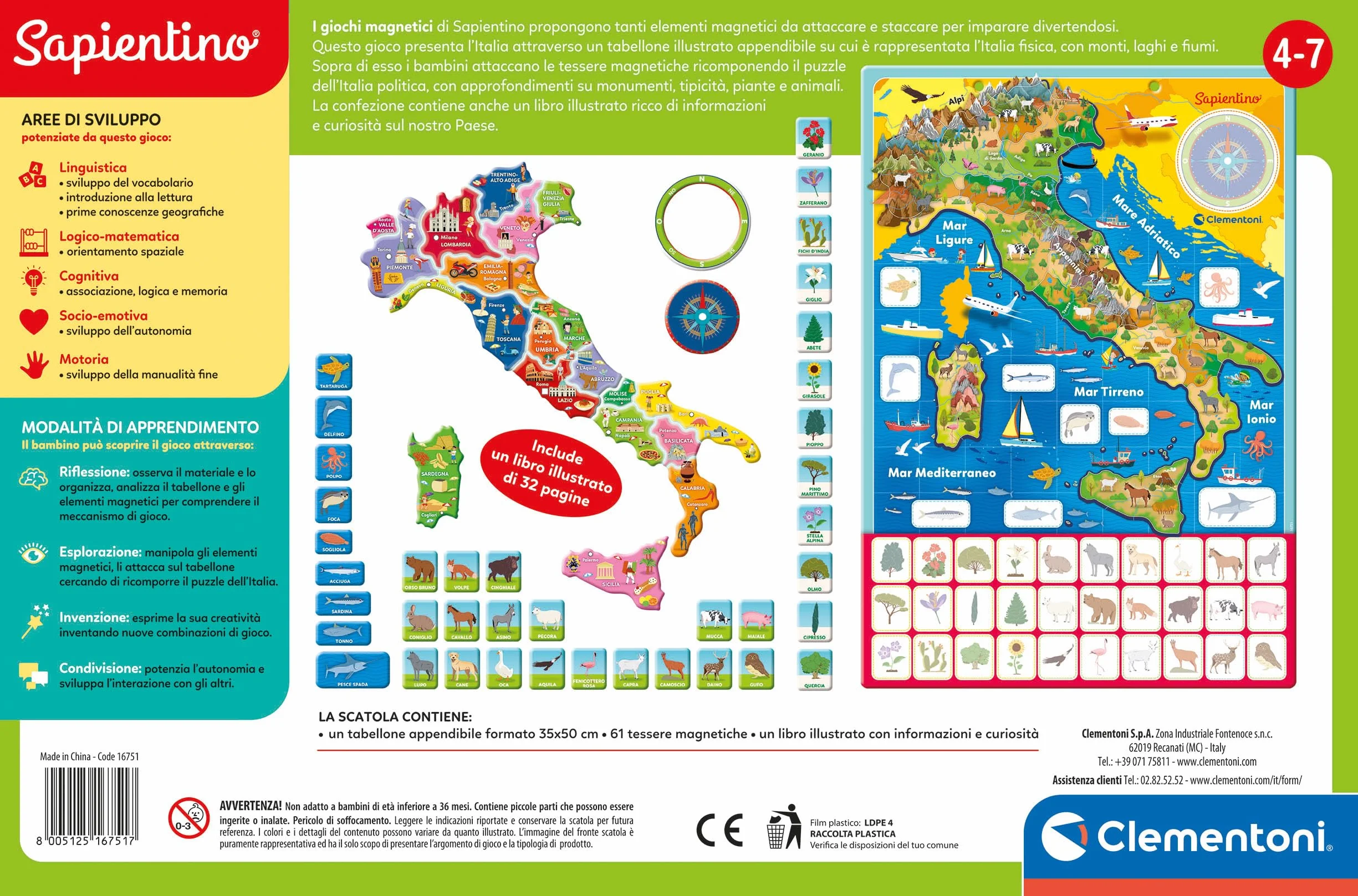 Clementoni Sapientino Geo-Puzzle Magnetico Italia Puzzle Cartina Fisica Gioco Educativo Geografia Bambini 4 Anni