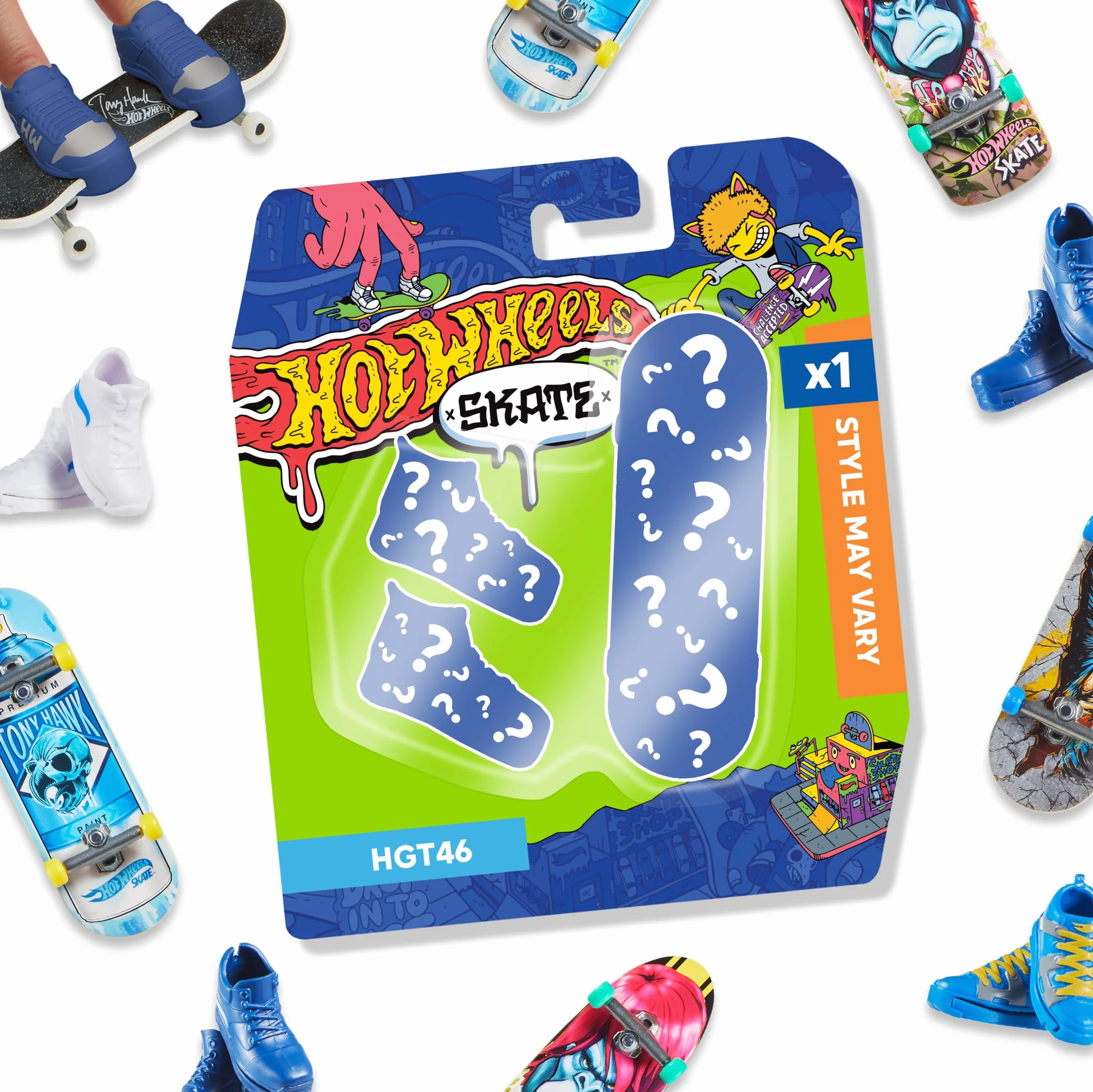 Hot Wheels Skate - Tony Hawk fingerboard e scarpe da skate removibili, progettato in collaborazione con Tony Hawk (Un set a sorpresa tra stili assortiti), giocattolo per bambini 5+ anni, HGT46