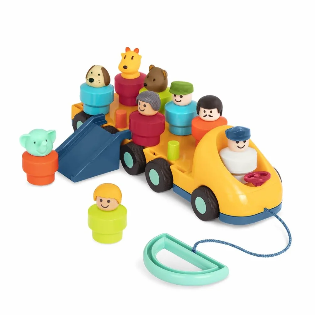Battat - Autobus giocattolo con parti mobili e 9 figure - Giocattolo per lo sviluppo di bambini e ragazzi - Tirare per girare - 18 mesi +