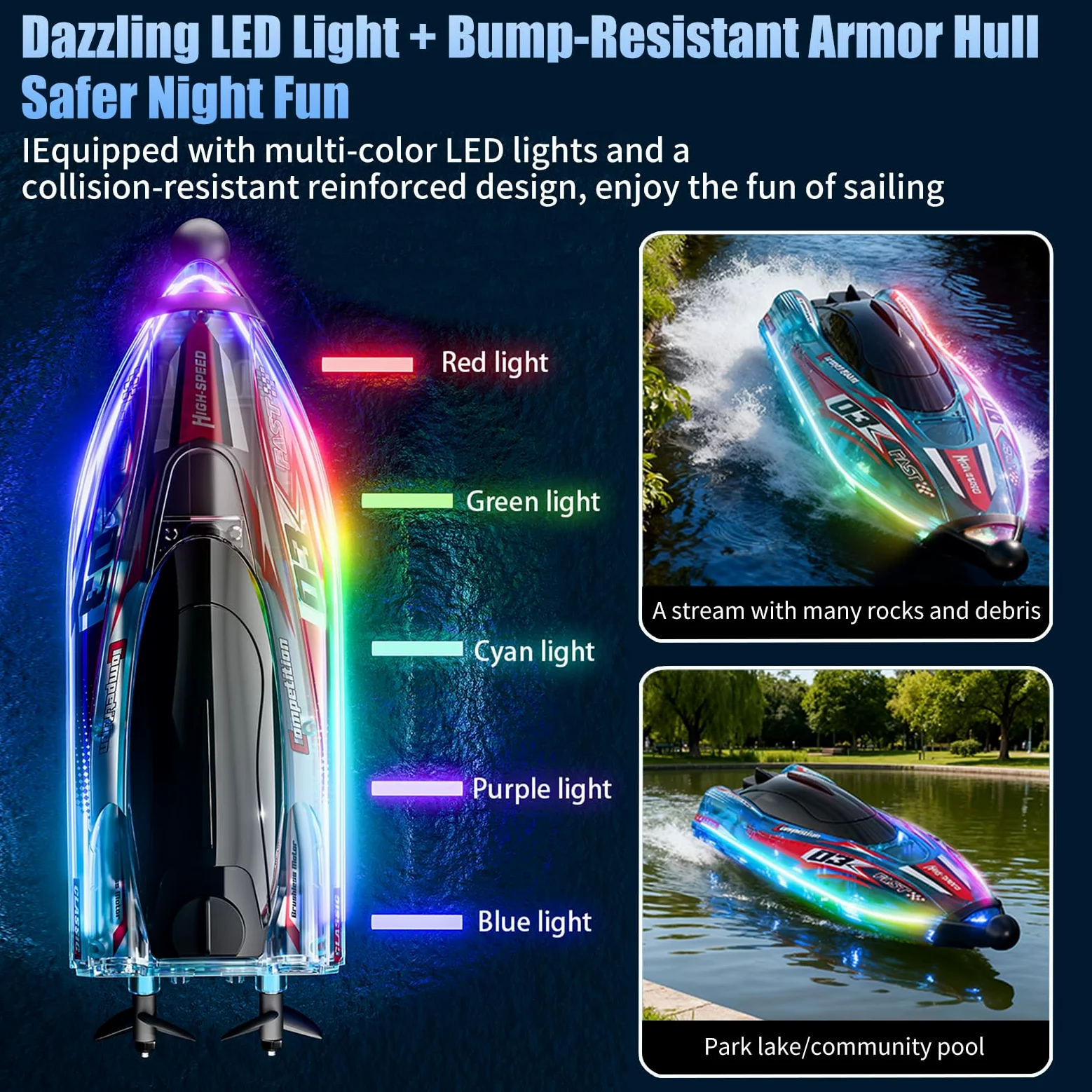 Telecomandate Senza Spazzole Barca, 2,4GHz RC Barca con Cool Luci LED | Boat ad Alta Velocità, Batterie Modulari, Impermeabile e Antiinclinazione, Giocattolo Acquatico per 6+ Ragazzi e Ragazze