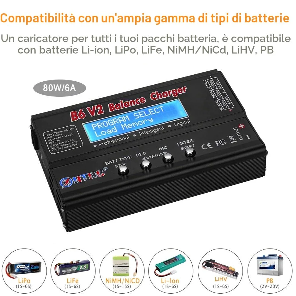 Haisito Caricabatterie LiPo Balance, Caricatore Pacco Batteria 1S-6S Digitale 80W 6A Connettori Deans + Alimentatore