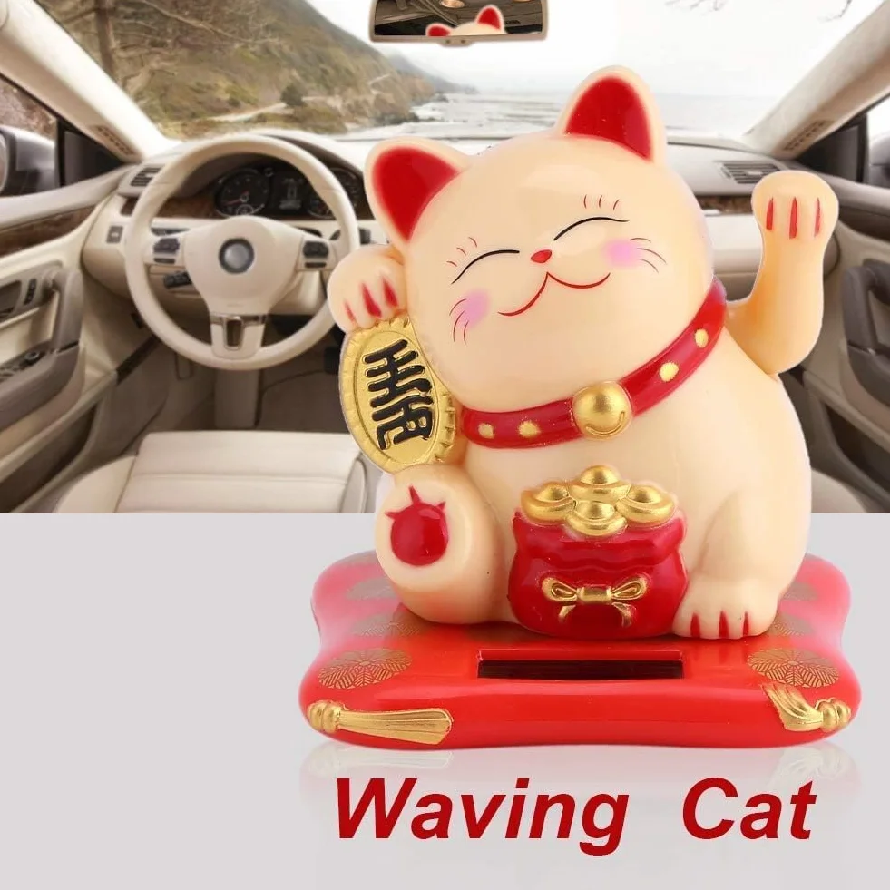 Maneki Neko Statua Gatto Giapponese Solare Braccio Ondeaggiante per Decorazione Auto Casa Giallo