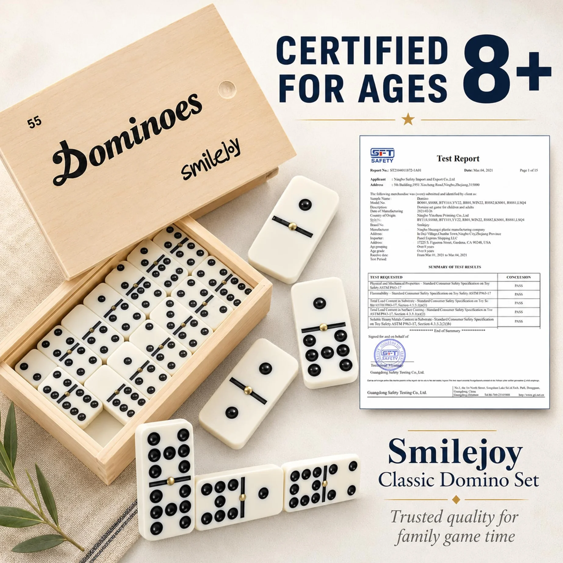Smilejoy Set domino per adulti, doppio nove Domino Set per giochi da tavolo classici, Domino Double 9 per giochi di famiglia con custodia in legno naturale con spinner 55 pezzi