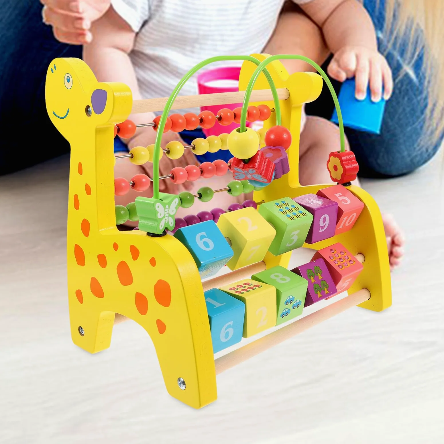 Mikinona Abaco in Legno Gira Perline Colorate per Giocattolo Educativo Cognitivo con Base Stabile e Sicuro Sviluppo Coordinazione Occhio-Mano e Apprendimento Numeri e Colori per Ragazzo