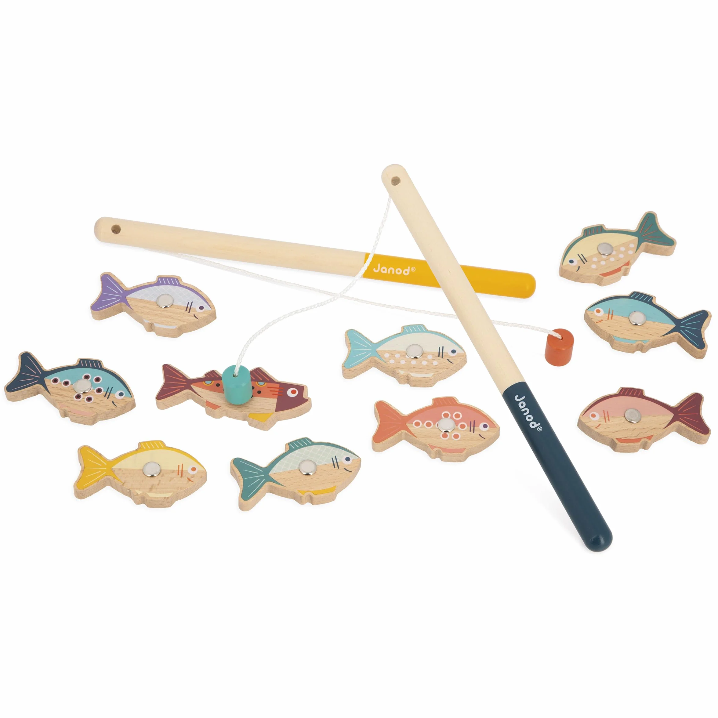 Janod Gioco di Pesca con Canna in Legno 2 Canne 10 Pesci 1-2 Giocatori Educativo dai 2 Anni