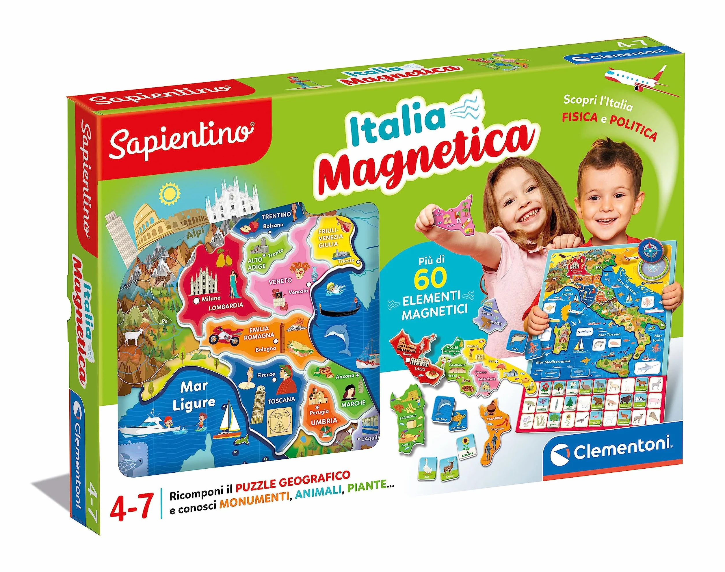 Clementoni Sapientino Geo-Puzzle Magnetico Italia Puzzle Cartina Fisica Gioco Educativo Geografia Bambini 4 Anni