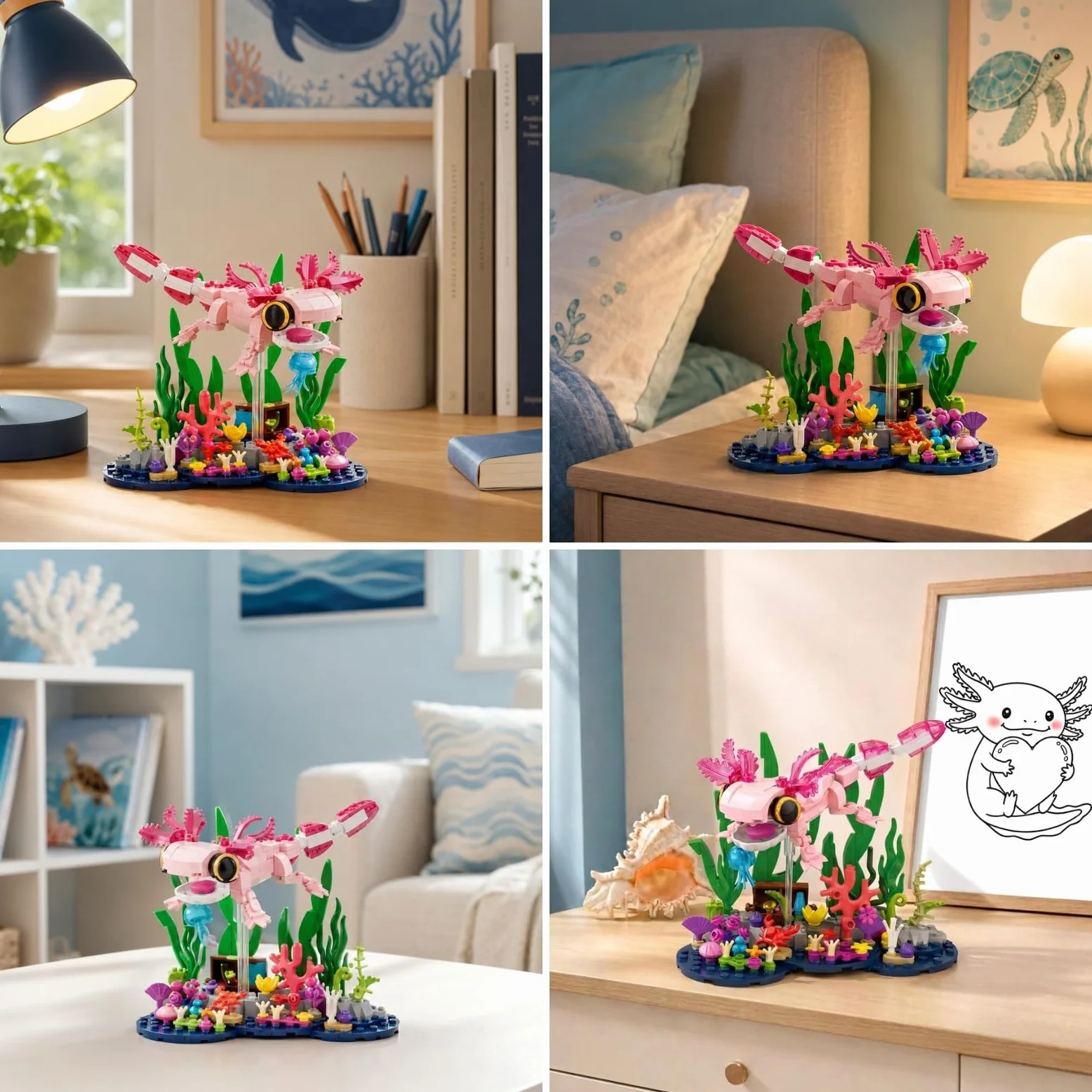 Axolotl Giocattolo da costruzione, carino rosa Axolotl subacqueo acquario | Con Axolotl mobile, scrigno nascosto, scena corallo, idea regalo per compleanno Natale