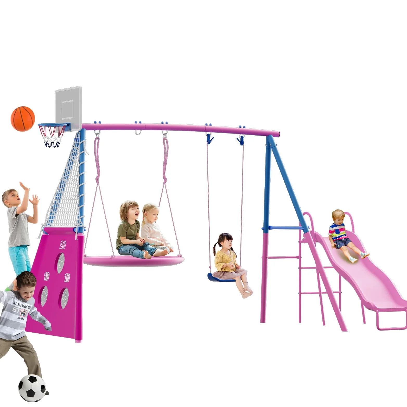 Grande Parco Giochi Esterno 6 In 1, Set Altalene Con Altalena Rotonda, Scivolo, Canestro Da Basket E Pannello Da Calcio, Struttura Stabile Per Più Bambini Nel Giardino