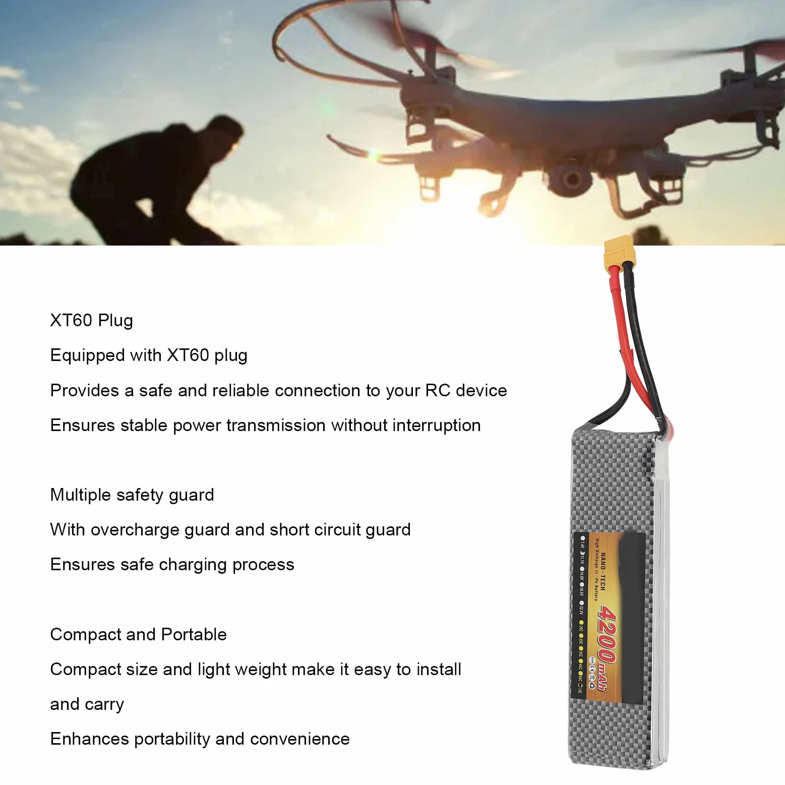 Batteria RC Lipo Batteria al litio professionale da 7,4 V 4200 mAh con spina XT60 per elicottero RC Quadcopter Drone RC modello di auto