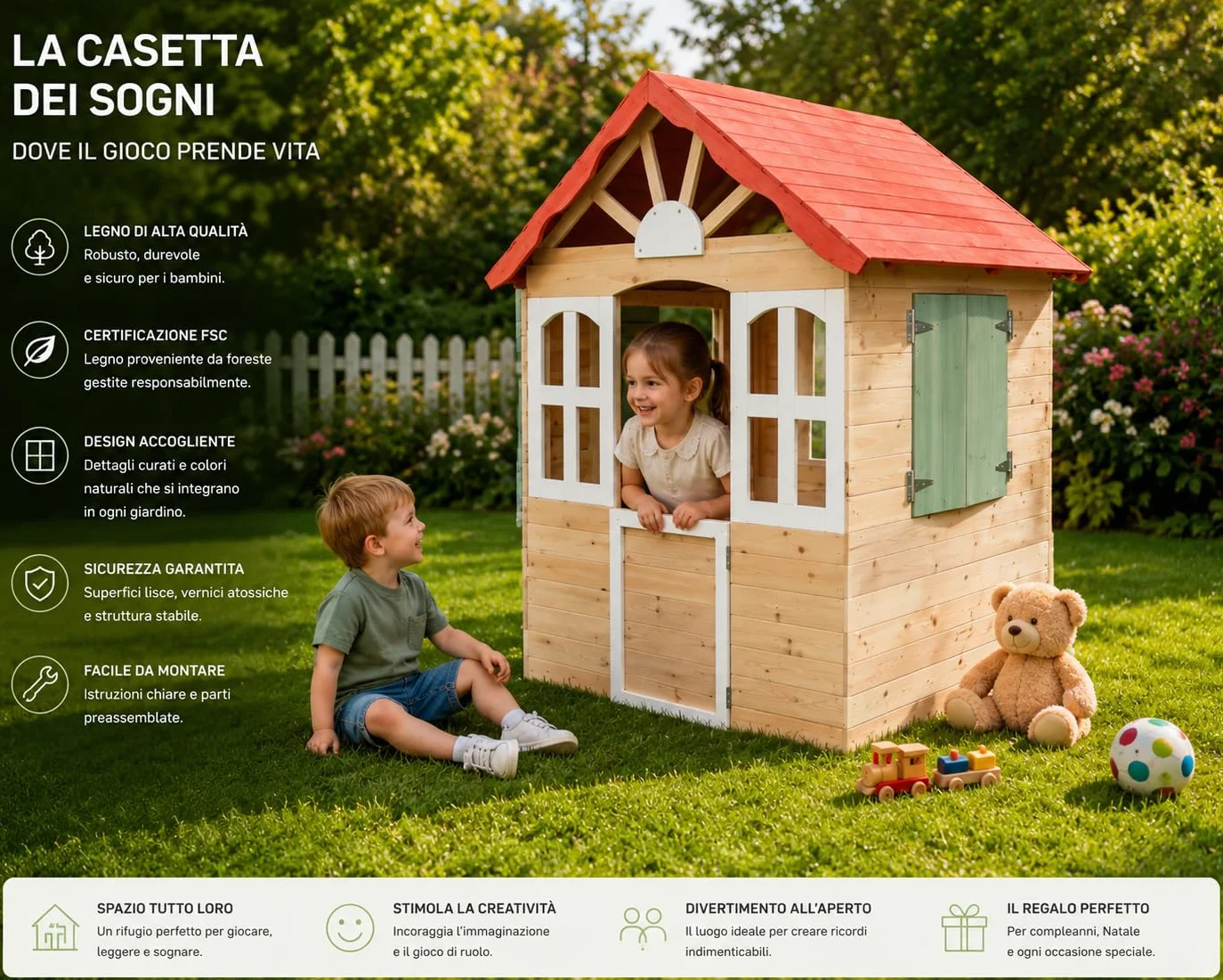 Casetta per Bambini Casa Gioco per Bambini Esterno casetta da giardino per bambini casetta per Bambini da Interno Giardino Casetta da Gioco Tradizionale Grande 120x108x138cm.