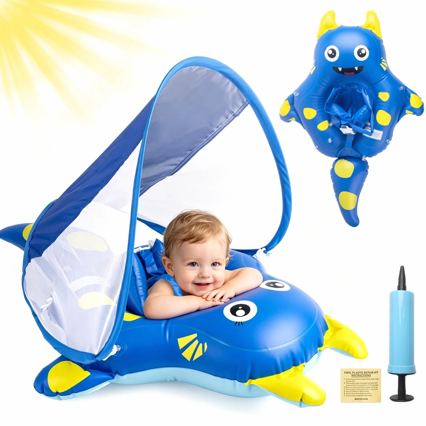 Salvagente Neonato con Parasole, Ciambella Neonato Mare UPF50+ Protezione UV, Anti-Ribaltamento, Sedile di Sicurezza Regolabile, Salvagent Gonfiabile Piscina per Bambini da 10 a 36Mesi