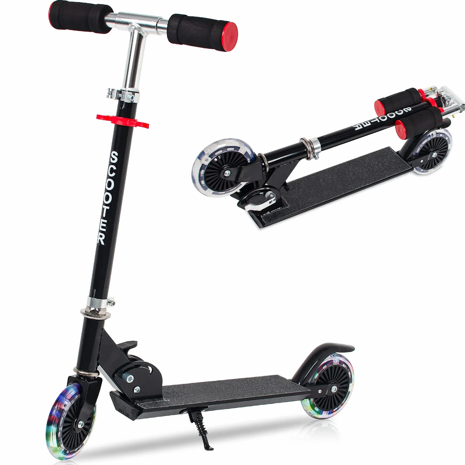 AKOZLIN Monopattino pieghevole per bambini, 3 altezze regolabili, ruote luminose, telaio in lega di alluminio, carico max 50 kg, nero