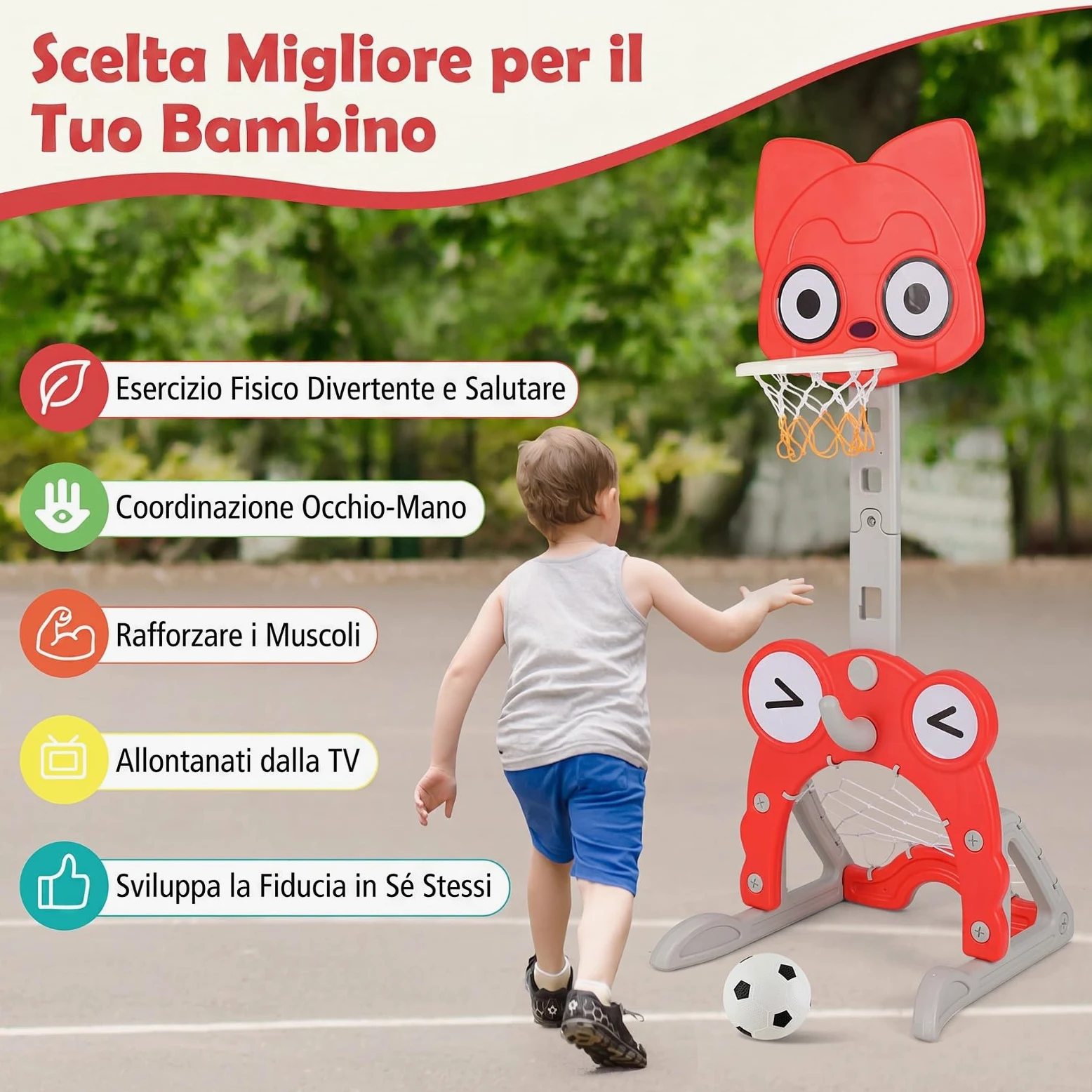 COSTWAY Canestro da Basket 4 in 1 per Bambini 3+ Anni, Altezza 118-148 cm | Centro di Attività Forma Volpe in HDPE con Golf, Calcio e Anelli da Lancio, Base Riempibile, per Cameretta e Asilo Nido