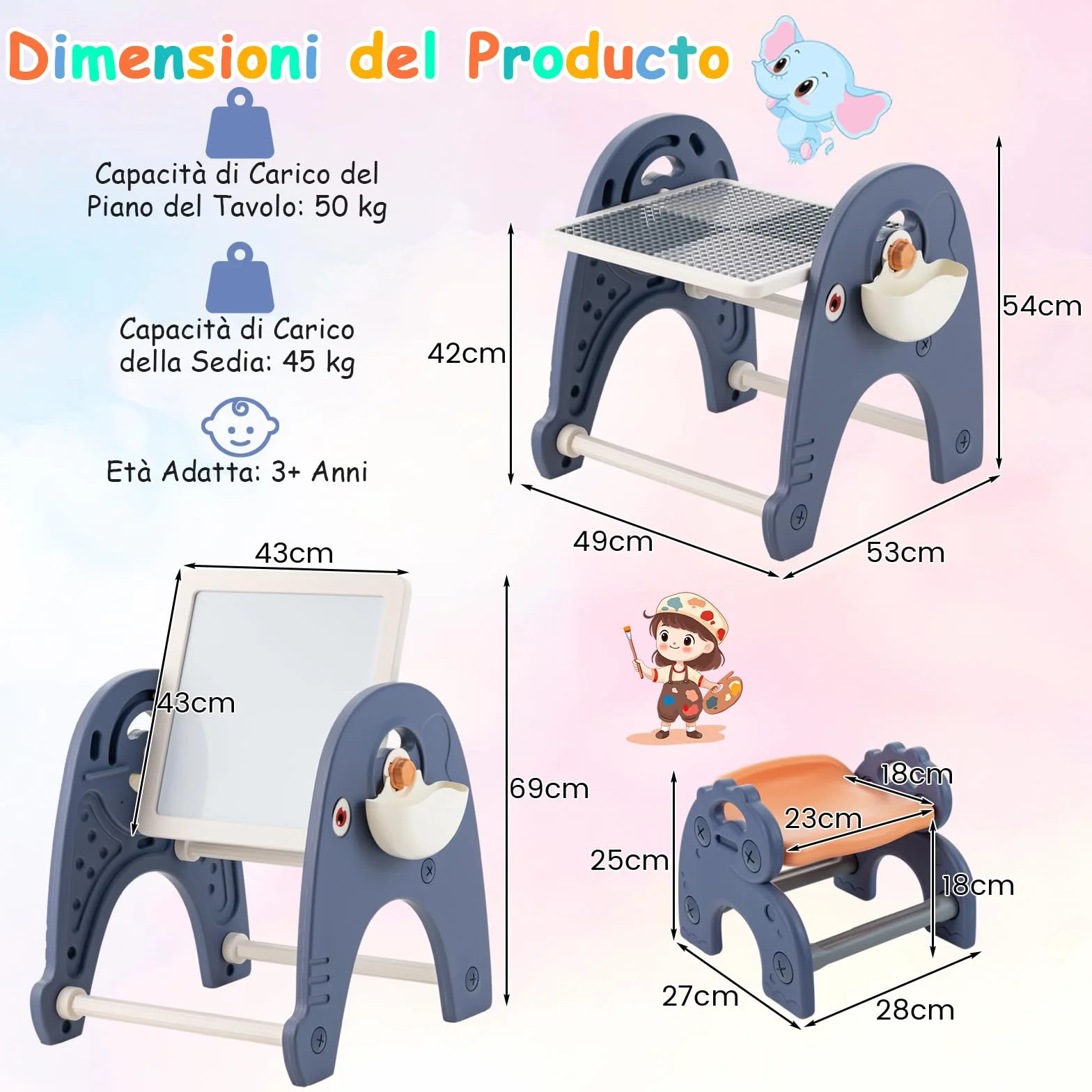 RELAX4LIFE Set di Cavalletto per Bambini con Sgabello, a Doppia Faccia con Lavagna Magnetica, Tavolo da Costruzione, Set Cavalletto per Bambini con Sgabello e Scatole Laterali