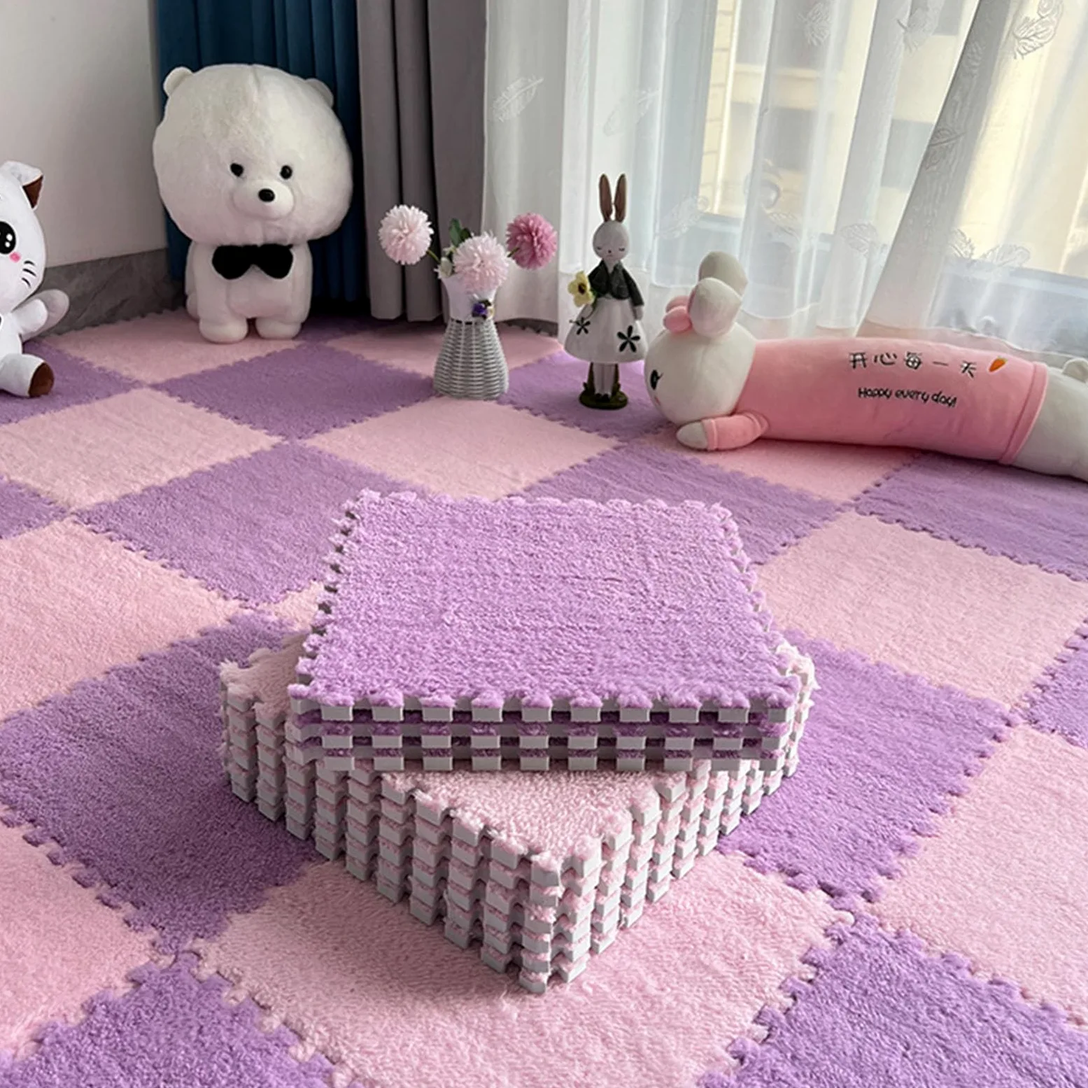 Splice Interlocking Carpet 20 Piastrelle per Moquette ad Incastro, Tappetini in Piastrelle di Schiuma di Peluche, Piastrelle per Pavimenti quadrate Antiscivolo, Tappeti p,Pink+Purple