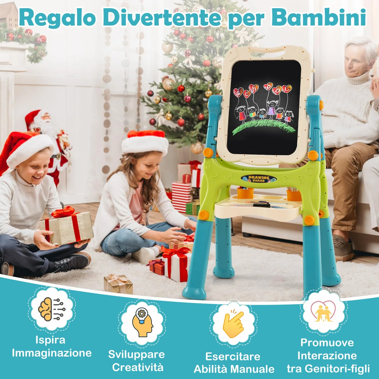 COSTWAY Cavalletto per Bambini Lavagna Magnetica a Doppia Faccia Regolabile in Altezza Tavolo da Disegno Staccabile con Manico Portatile 2 Tazze 3 Anni+