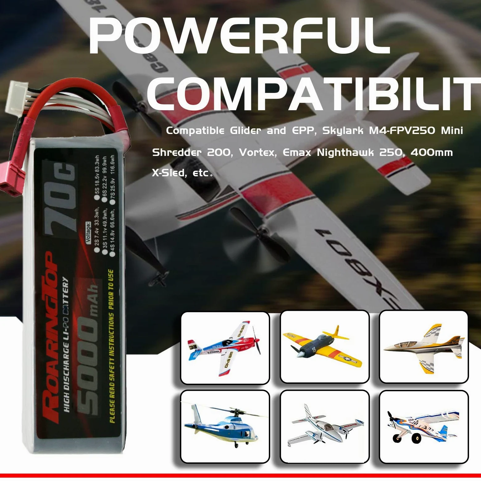 RoaringTop 14.8V 5000mAh 4S 70C RC Batteria Lipo RC Hardcase Lipo Batteria Pack con T Connessione da RC Auto RC Barca RC Eli Aereo Camion RC